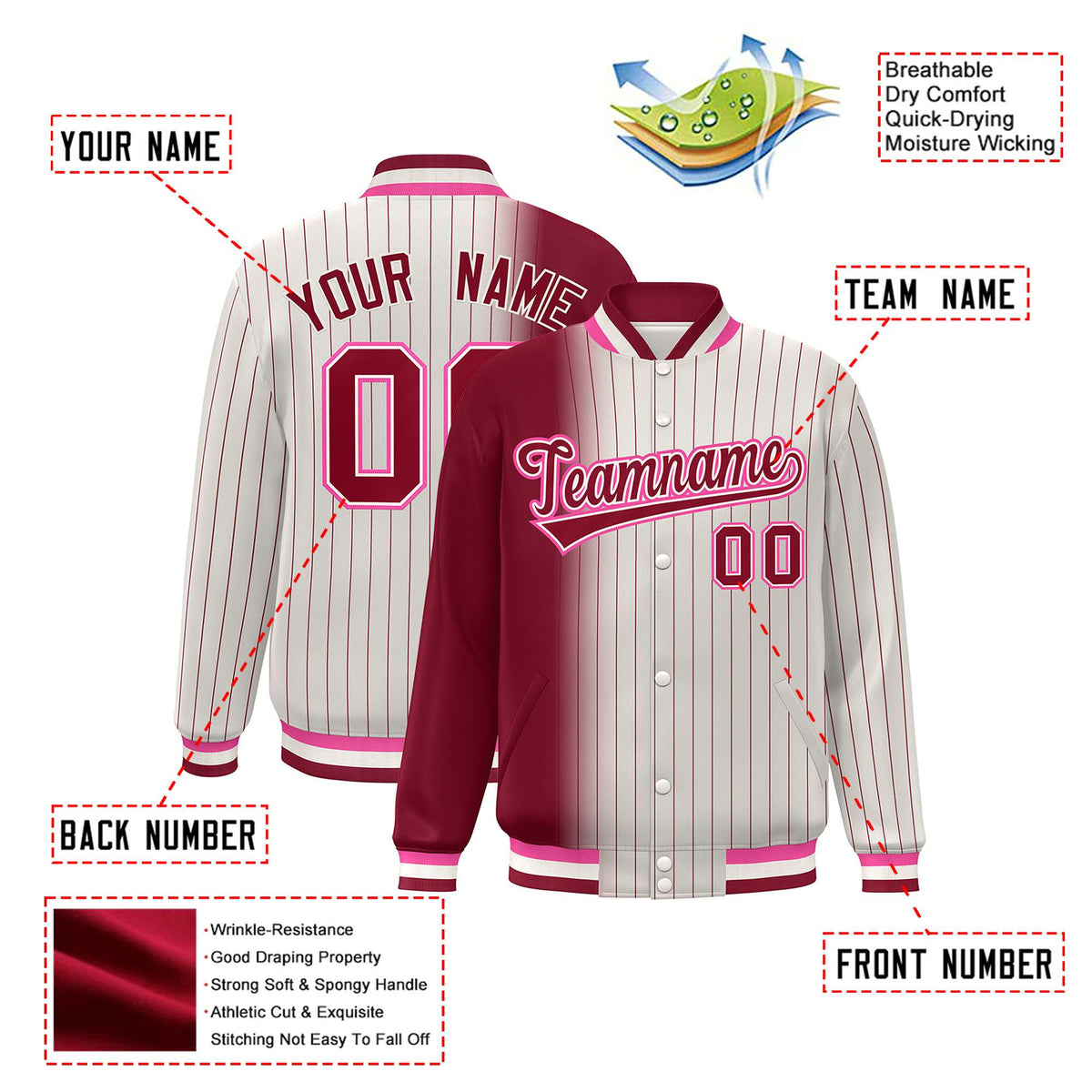 Custom Cream Crimson Pinstripe Pink-Crimson Gradient Fashion Varsity Full-Snap Jacket