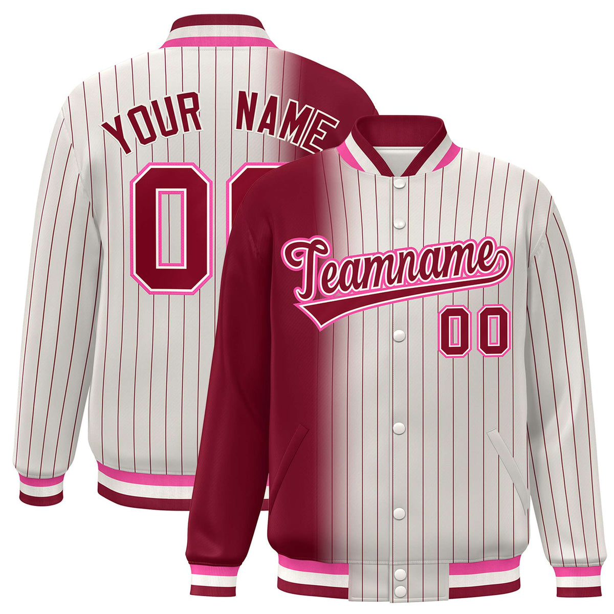 Custom Cream Crimson Pinstripe Pink-Crimson Gradient Fashion Varsity Full-Snap Jacket