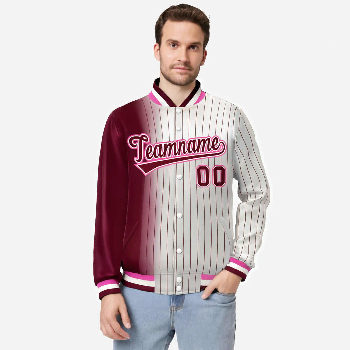 Custom Cream Crimson Pinstripe Pink-Crimson Gradient Fashion Varsity Full-Snap Jacket