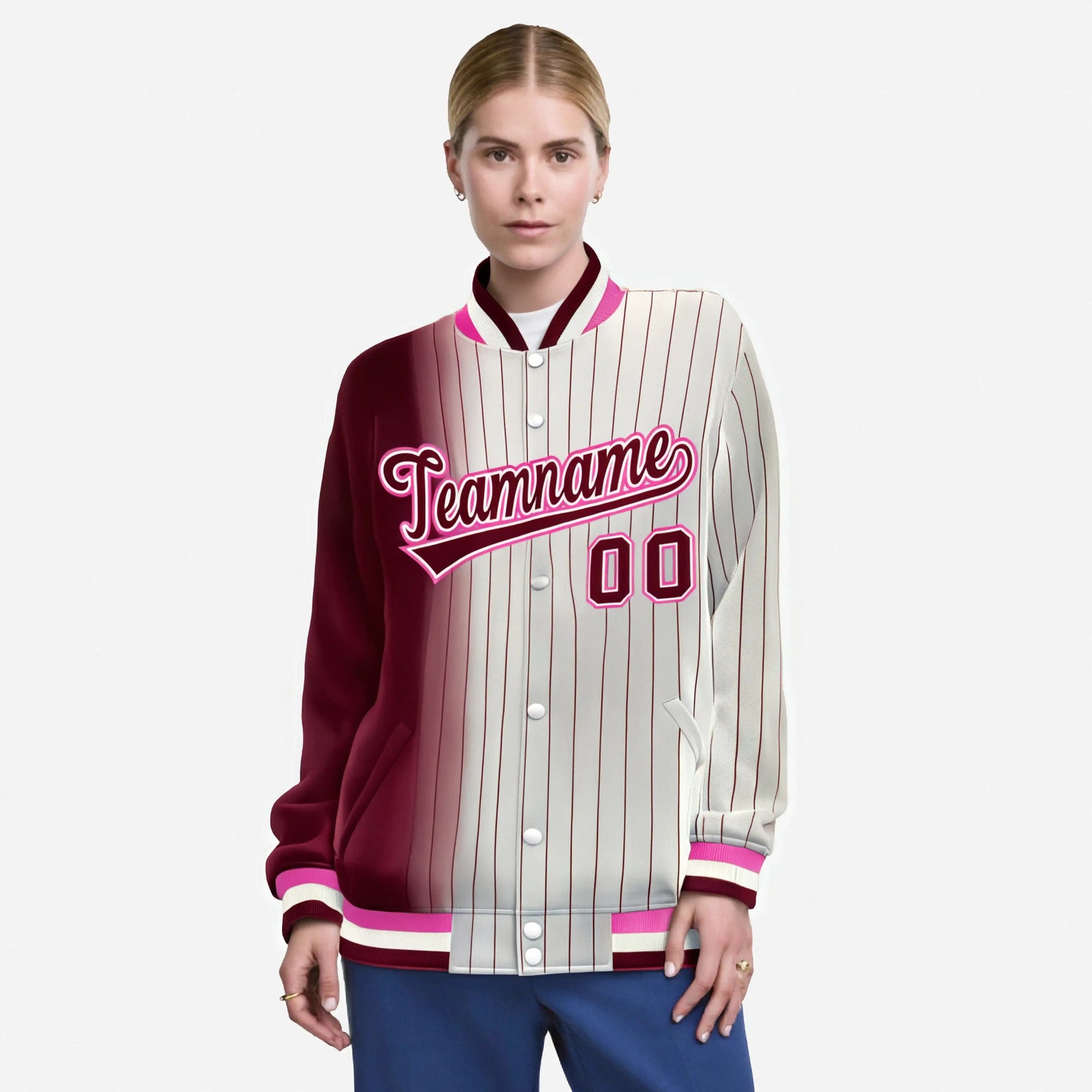 Custom Cream Crimson Pinstripe Pink-Crimson Gradient Fashion Varsity Full-Snap Jacket