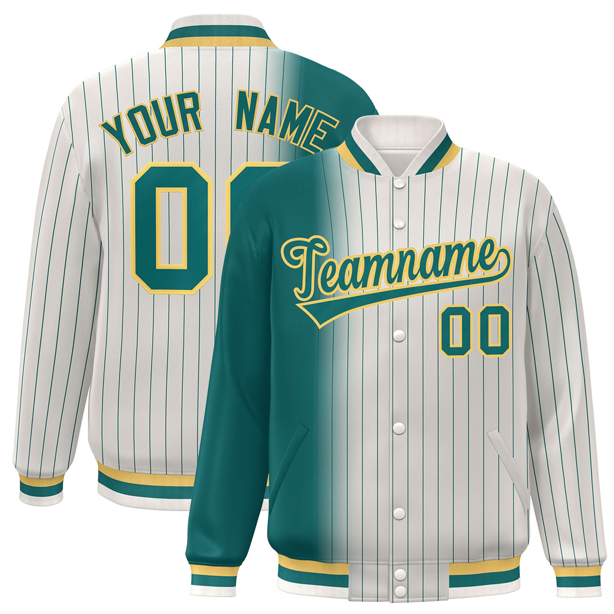 Custom Cream Aqua Pinstripe Gold-Aqua Gradient Fashion Varsity Full-Snap Jacket