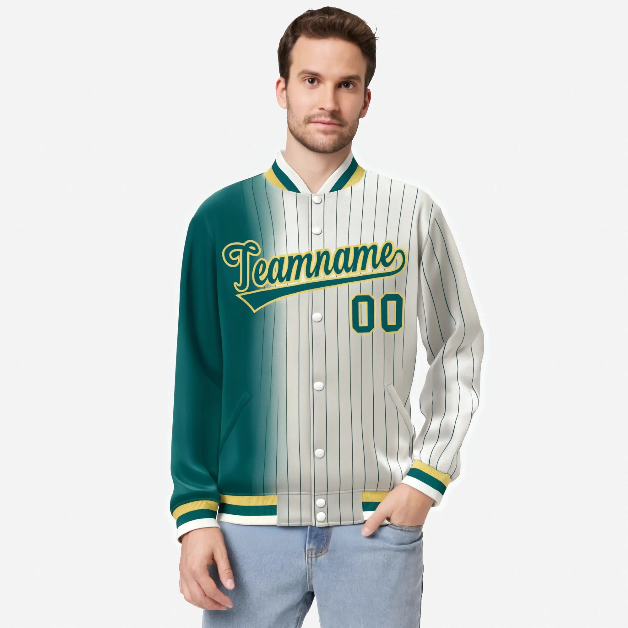 Custom Cream Aqua Pinstripe Gold-Aqua Gradient Fashion Varsity Full-Snap Jacket