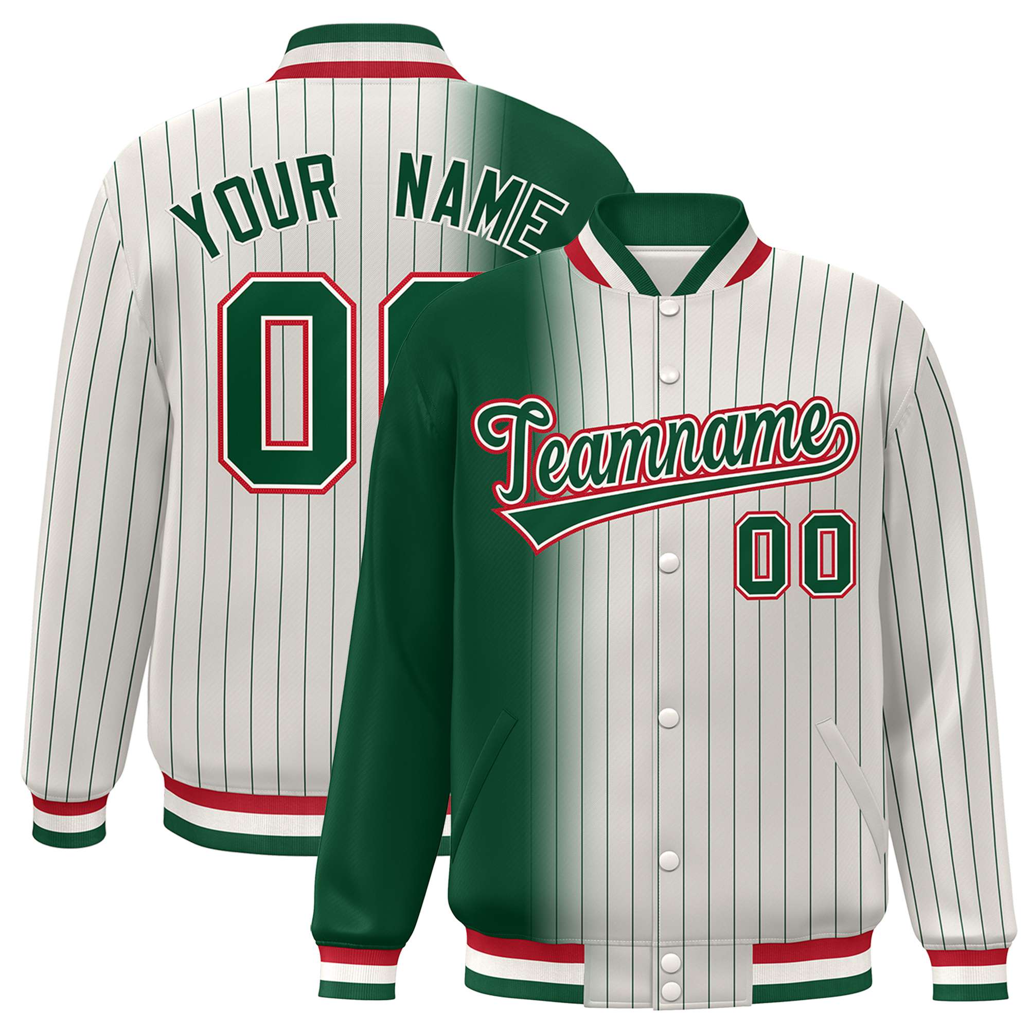 Custom Cream Green Pinstripe Red-Green Gradient Fashion Varsity Full-Snap Jacket