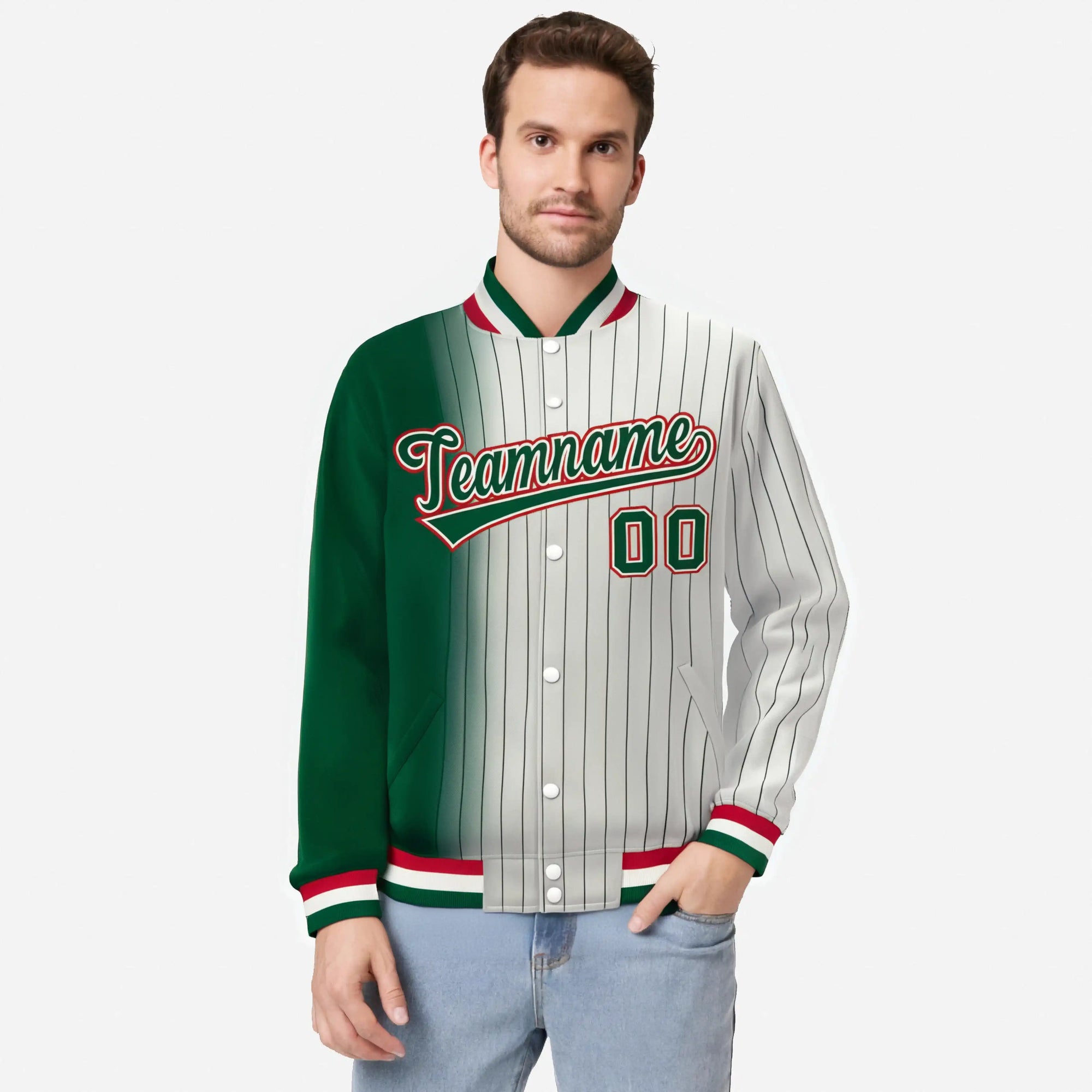 Custom Cream Green Pinstripe Red-Green Gradient Fashion Varsity Full-Snap Jacket