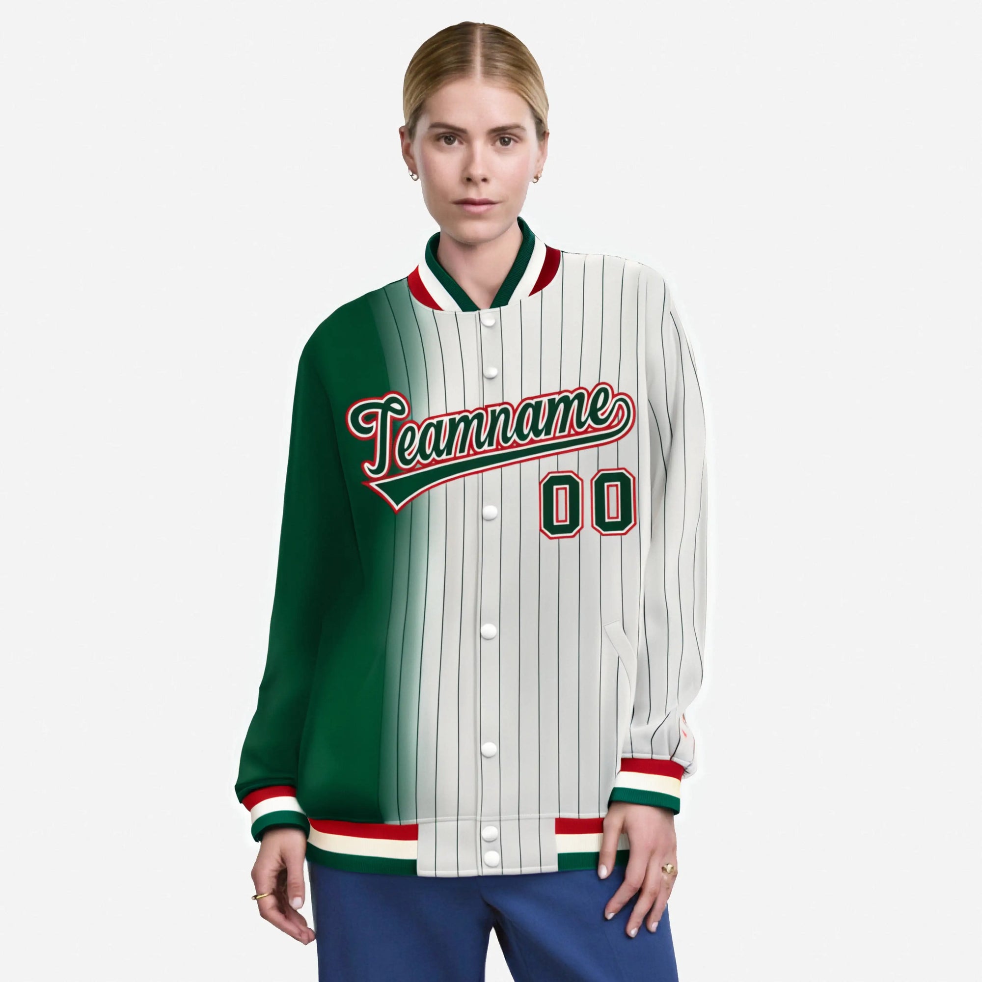 Custom Cream Green Pinstripe Red-Green Gradient Fashion Varsity Full-Snap Jacket