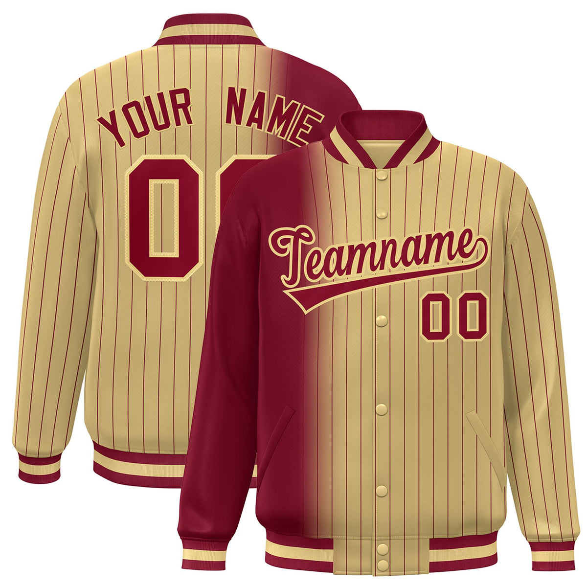 Custom Old Gold Crimson Pinstripe Old Gold-Crimson Gradient Fashion Varsity Full-Snap Jacket