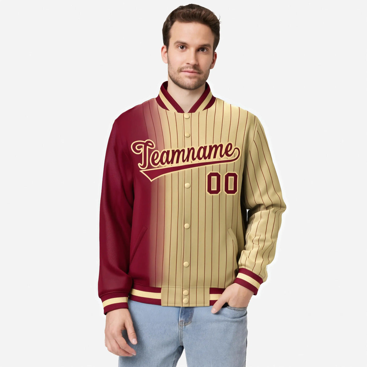 Custom Old Gold Crimson Pinstripe Old Gold-Crimson Gradient Fashion Varsity Full-Snap Jacket