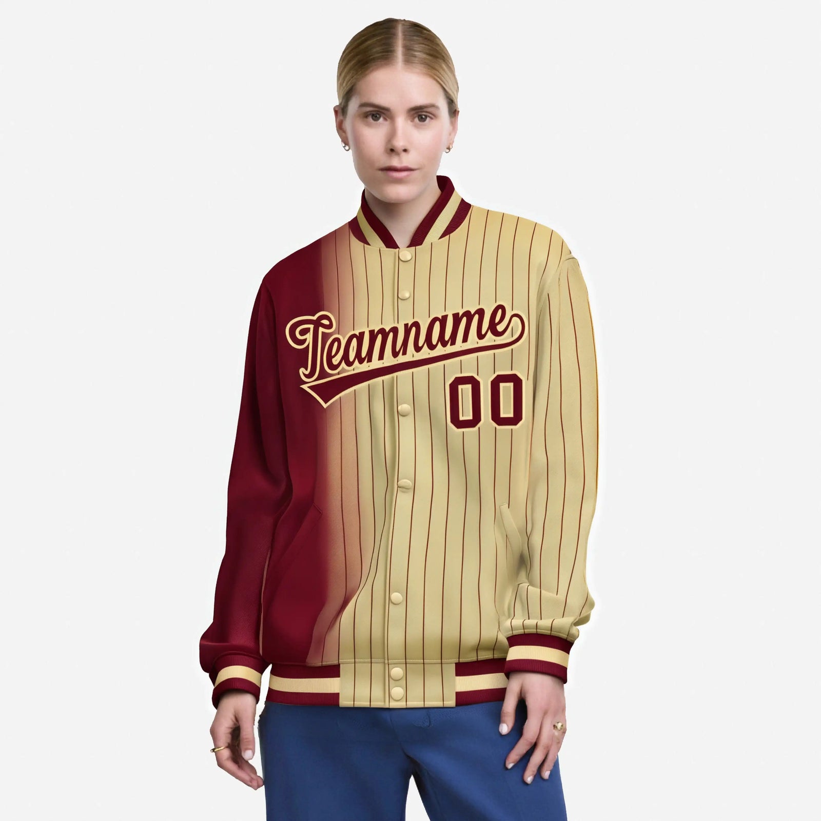 Custom Old Gold Crimson Pinstripe Old Gold-Crimson Gradient Fashion Varsity Full-Snap Jacket