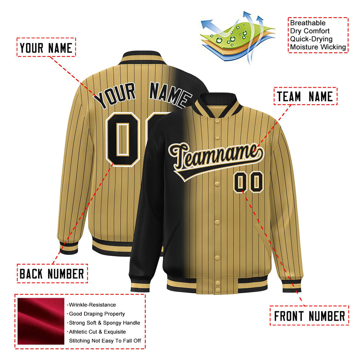 Custom Old Gold Black Pinstripe White-Black Gradient Fashion Varsity Full-Snap Jacket