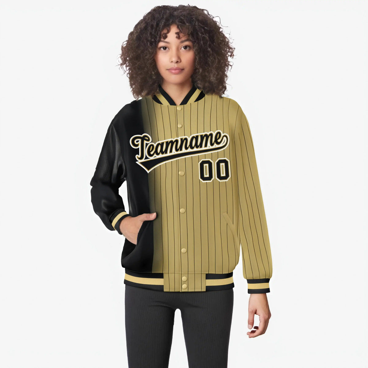 Custom Old Gold Black Pinstripe White-Black Gradient Fashion Varsity Full-Snap Jacket