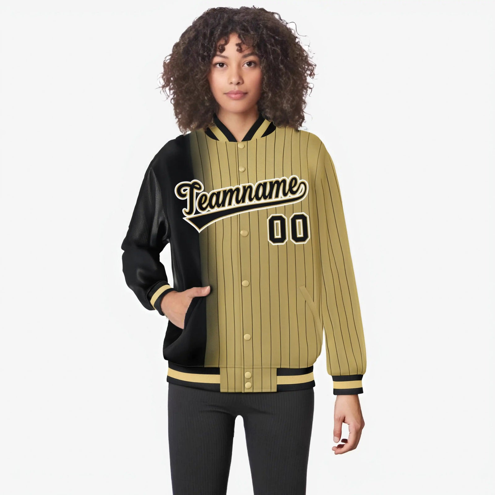Custom Old Gold Black Pinstripe White-Black Gradient Fashion Varsity Full-Snap Jacket
