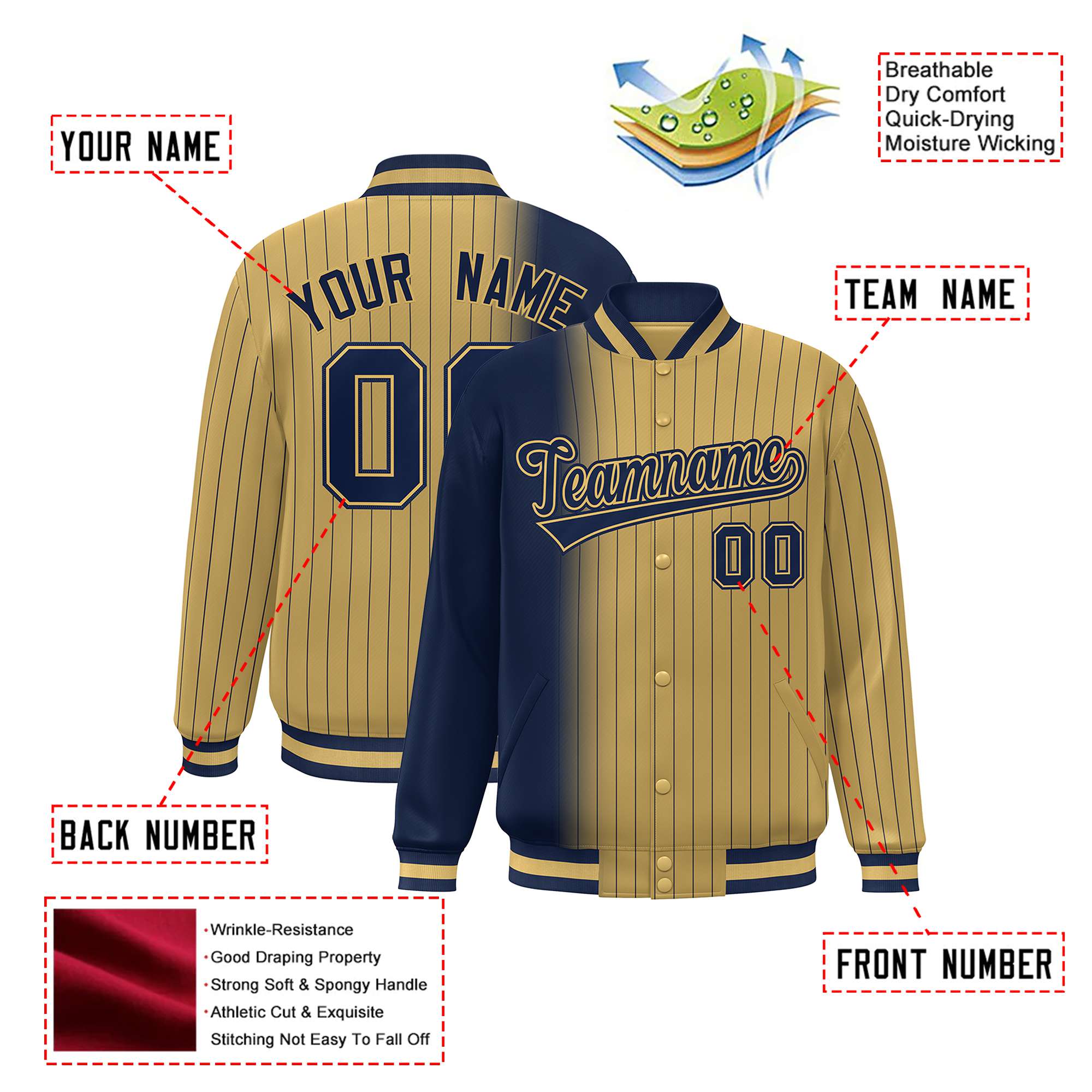 Custom Old Gold Navy Pinstripe Old Gold-Navy Gradient Fashion Varsity Full-Snap Jacket