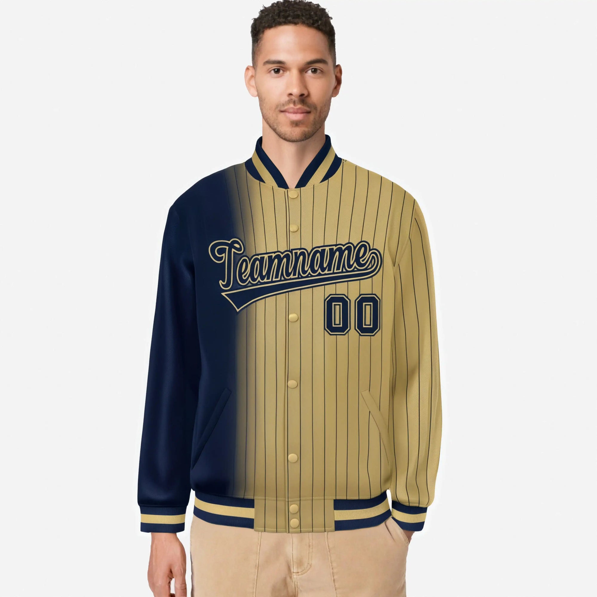 Custom Old Gold Navy Pinstripe Old Gold-Navy Gradient Fashion Varsity Full-Snap Jacket