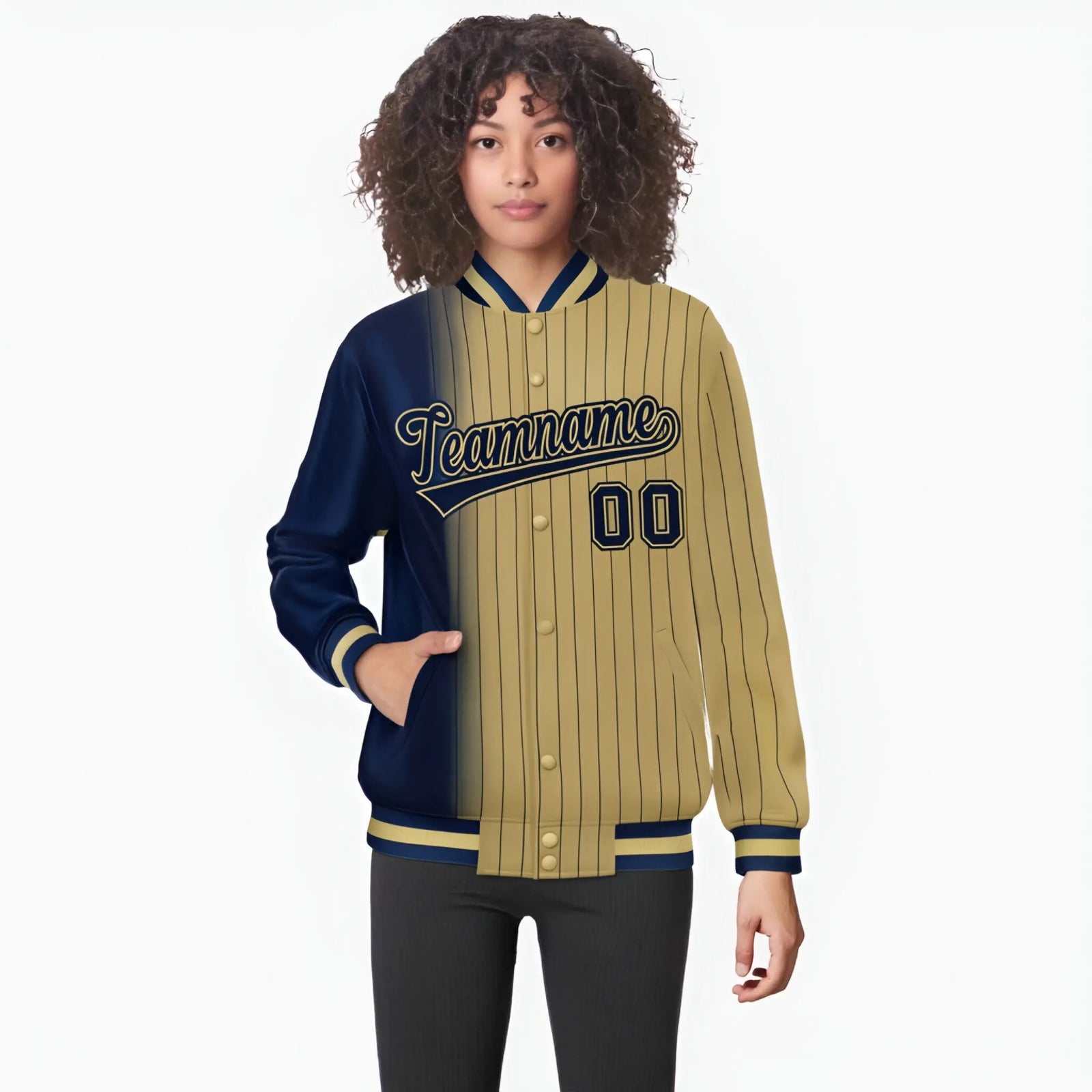Custom Old Gold Navy Pinstripe Old Gold-Navy Gradient Fashion Varsity Full-Snap Jacket