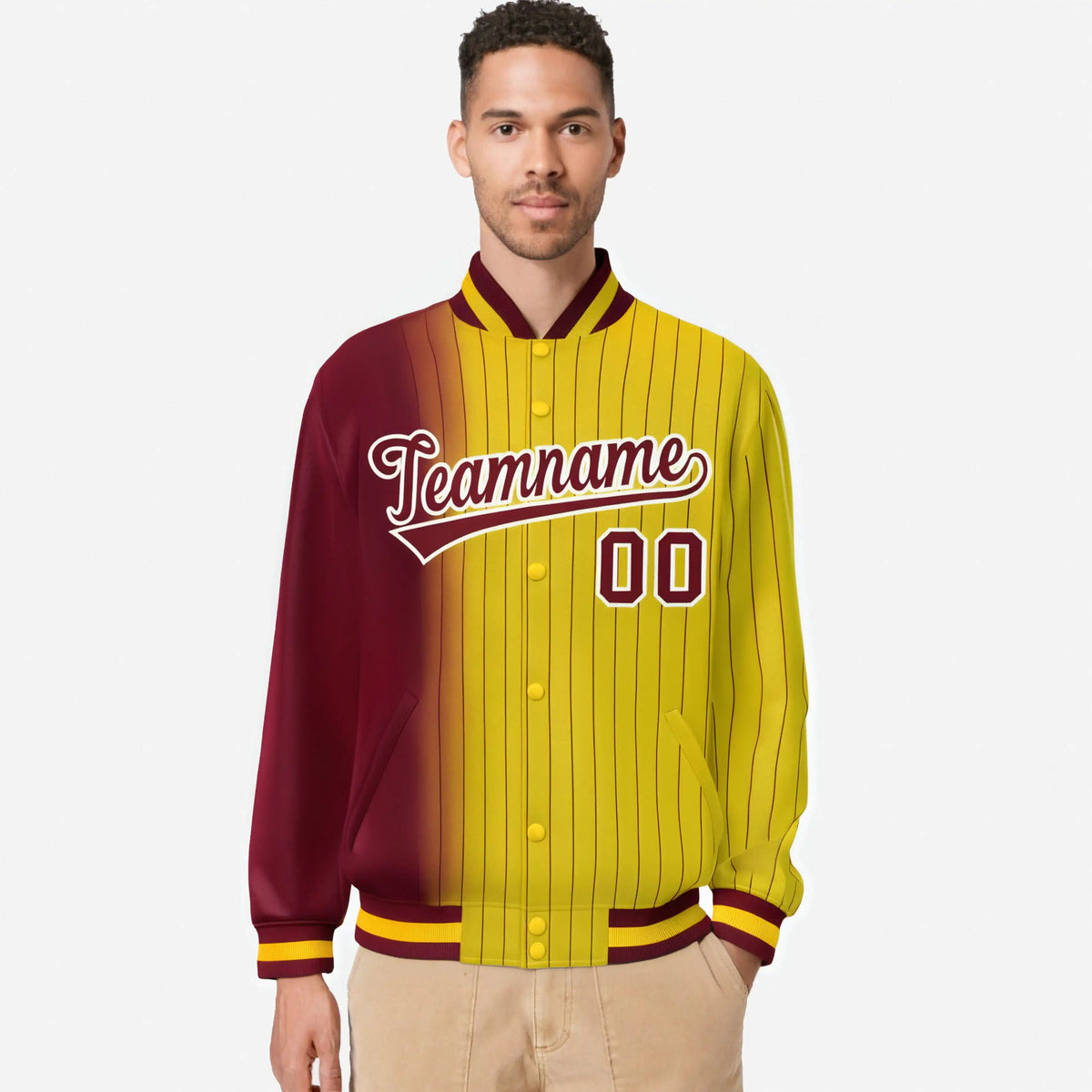 Custom Gold Crimson Pinstripe White-Crimson Gradient Fashion Varsity Full-Snap Jacket
