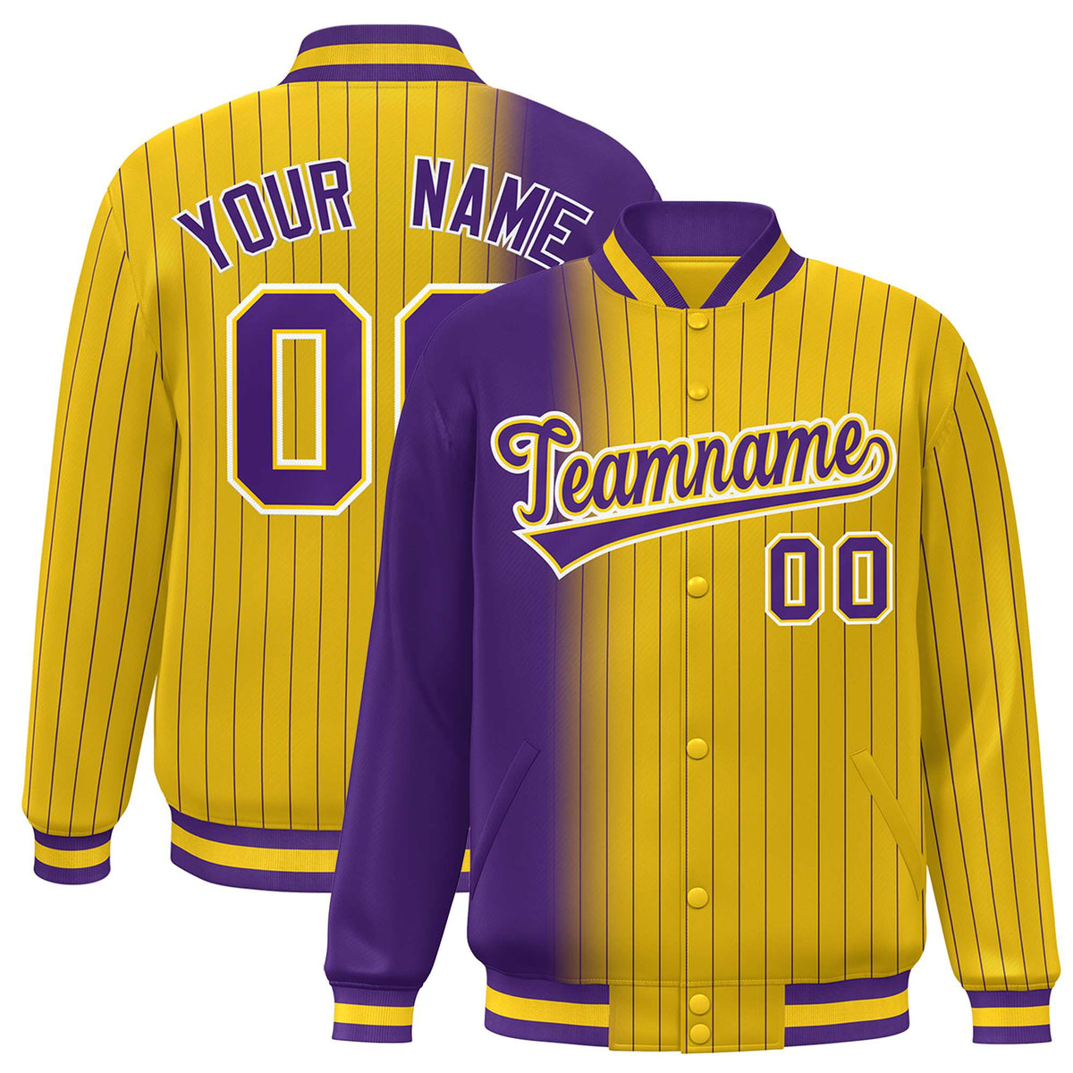 Custom Gold Purple Pinstripe White-Purple Gradient Fashion Varsity Full-Snap Jacket
