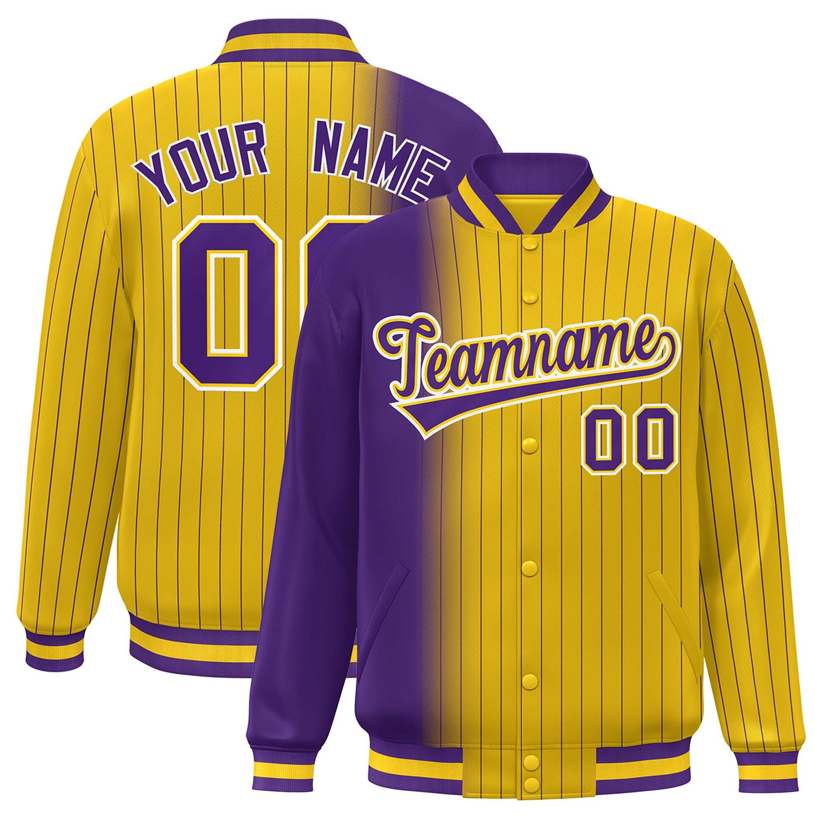 Custom Gold Purple Pinstripe White-Purple Gradient Fashion Varsity Full-Snap Jacket