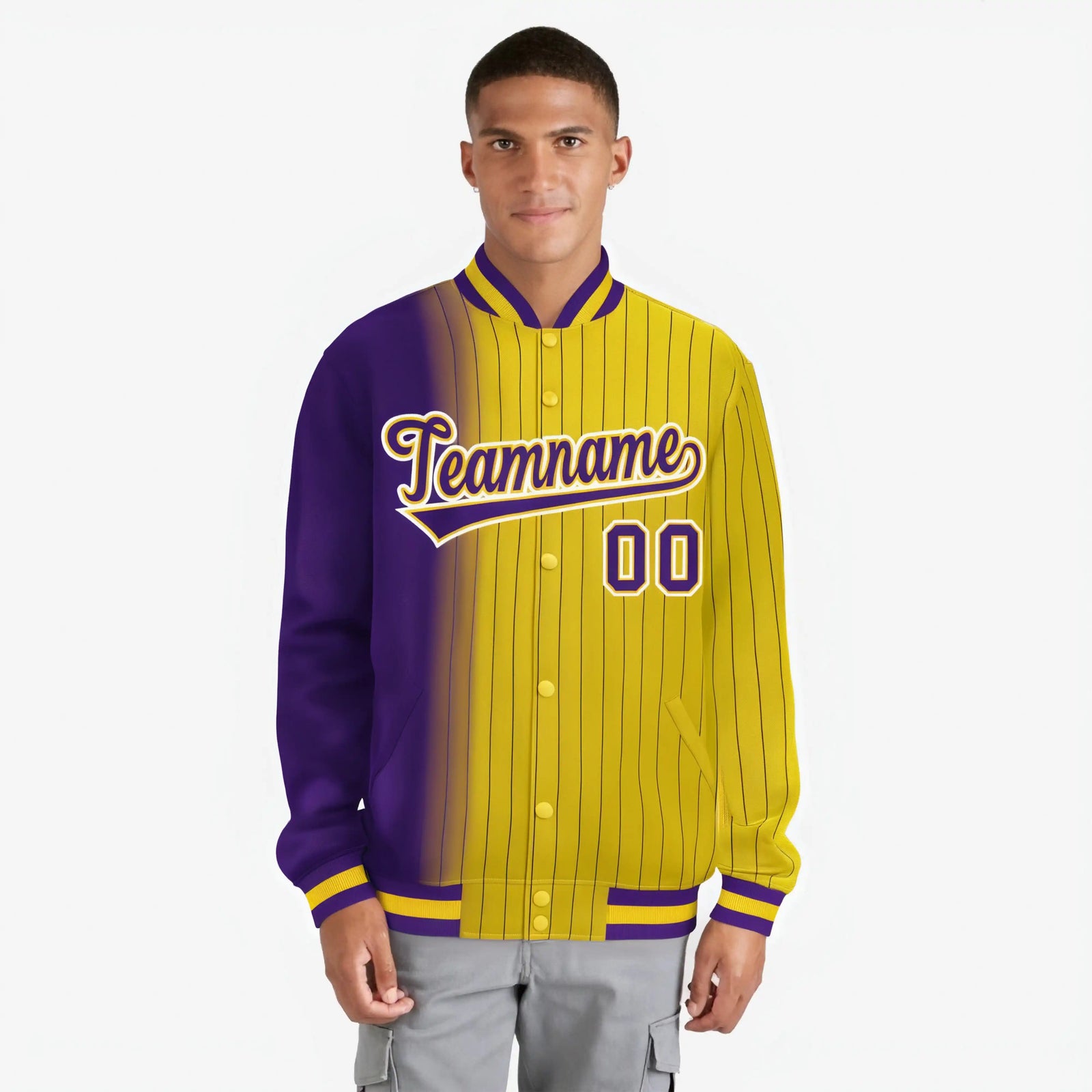 Custom Gold Purple Pinstripe White-Purple Gradient Fashion Varsity Full-Snap Jacket