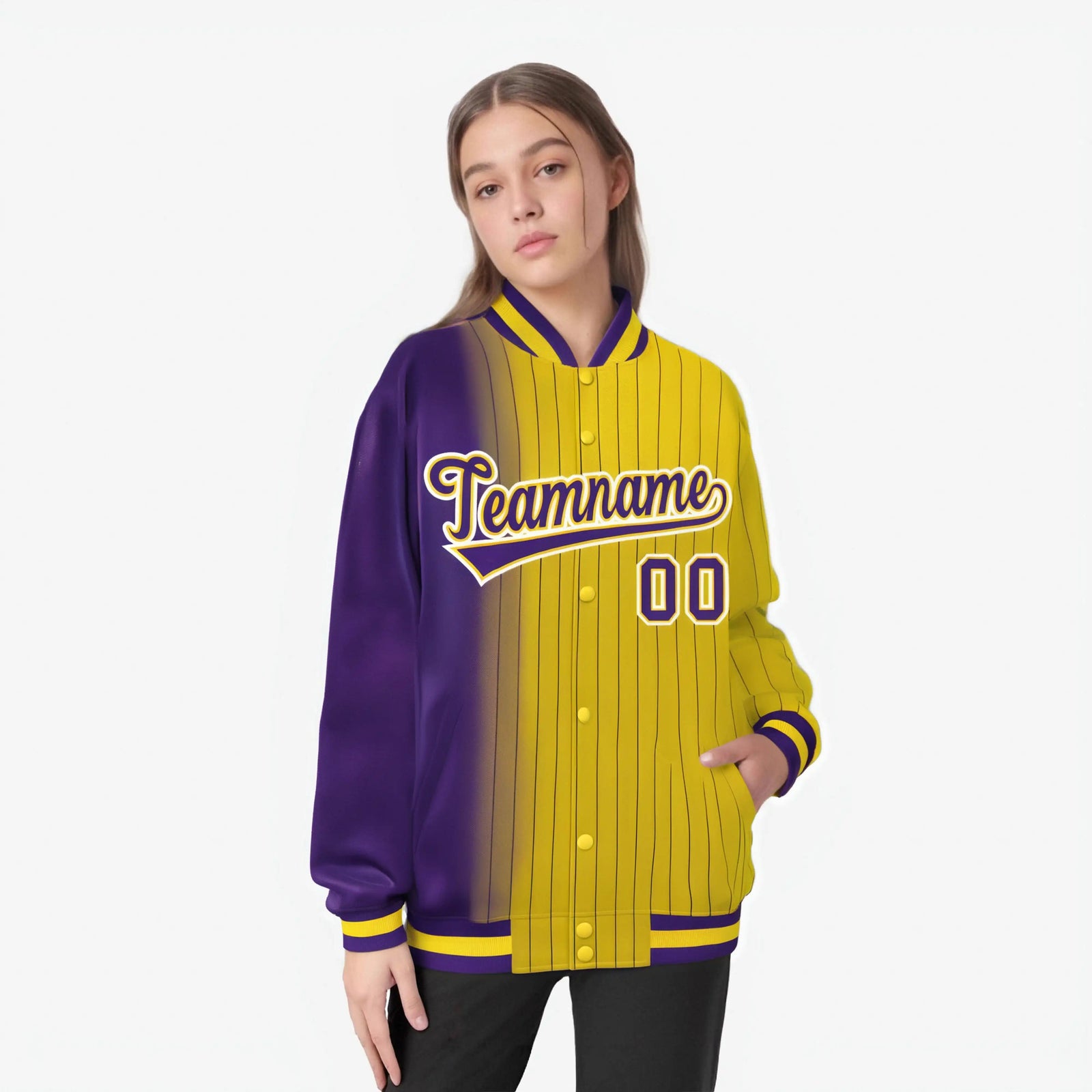 Custom Gold Purple Pinstripe White-Purple Gradient Fashion Varsity Full-Snap Jacket