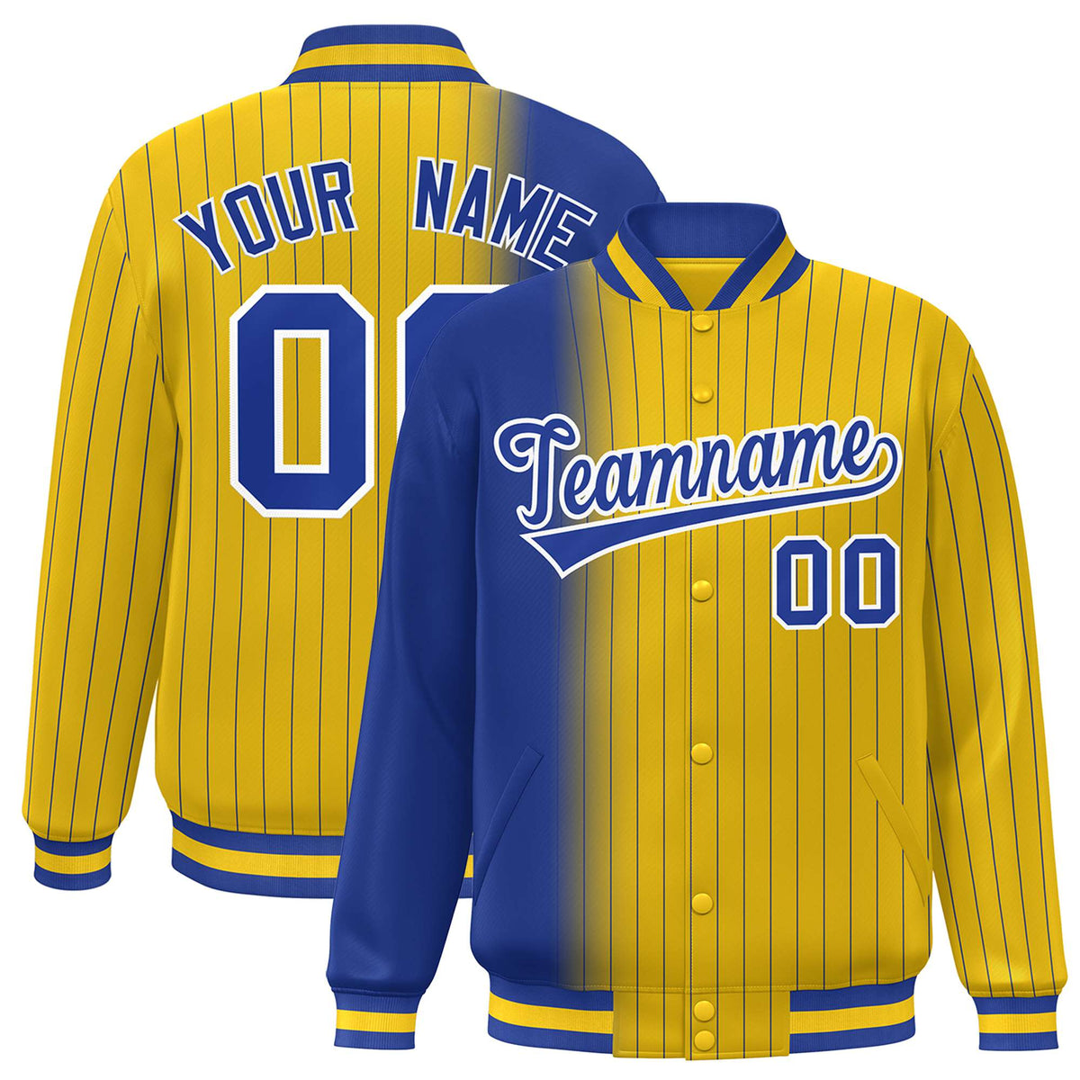 Custom Gold Royal-Blue Pinstripe White-Royal Blue Gradient Fashion Varsity Full-Snap Jacket