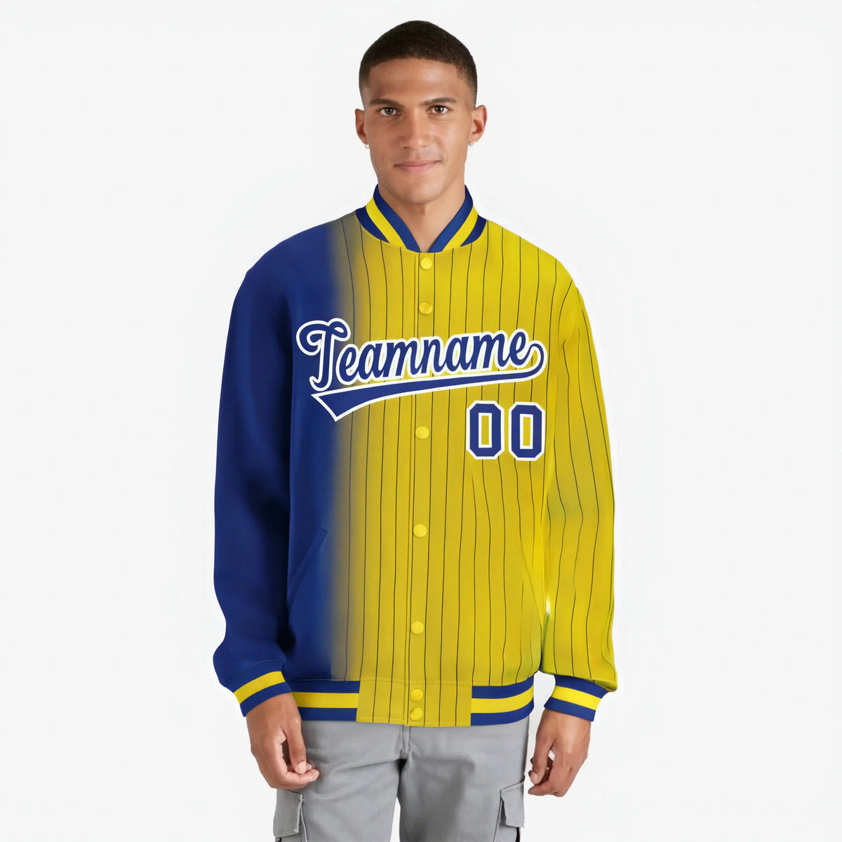Custom Gold Royal-Blue Pinstripe White-Royal Blue Gradient Fashion Varsity Full-Snap Jacket
