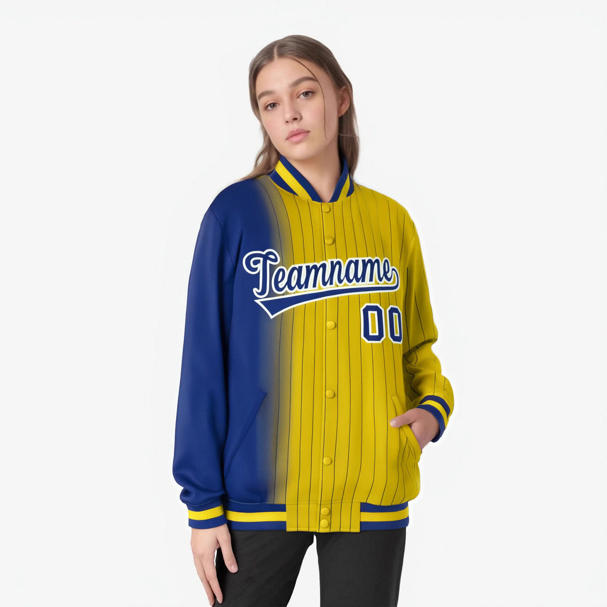 Custom Gold Royal-Blue Pinstripe White-Royal Blue Gradient Fashion Varsity Full-Snap Jacket