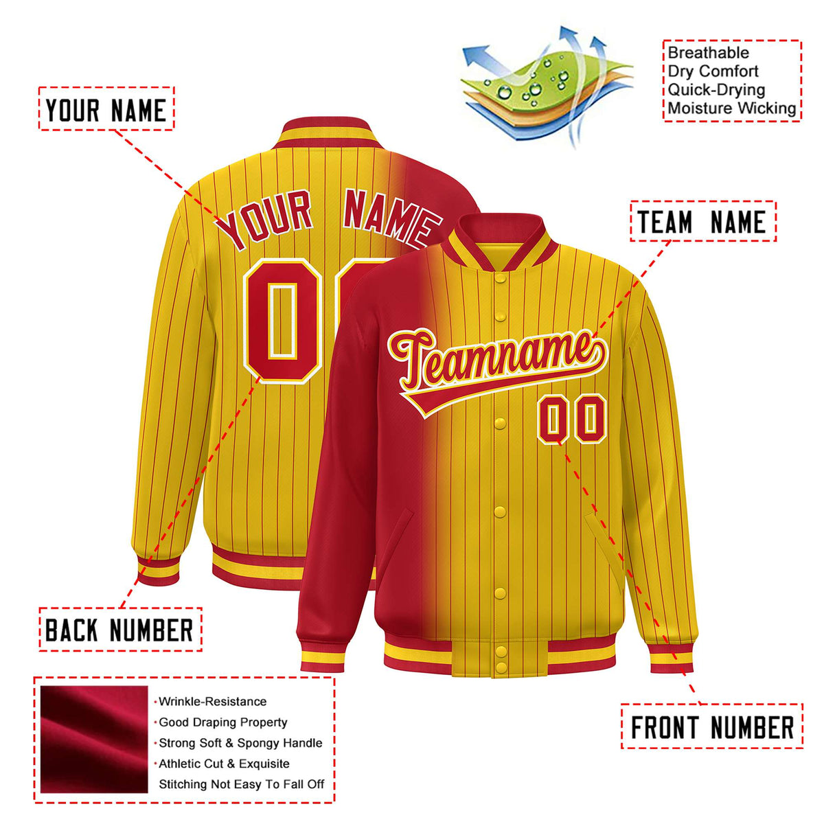 Custom Gold Red Pinstripe White-Red Gradient Fashion Varsity Full-Snap Jacket
