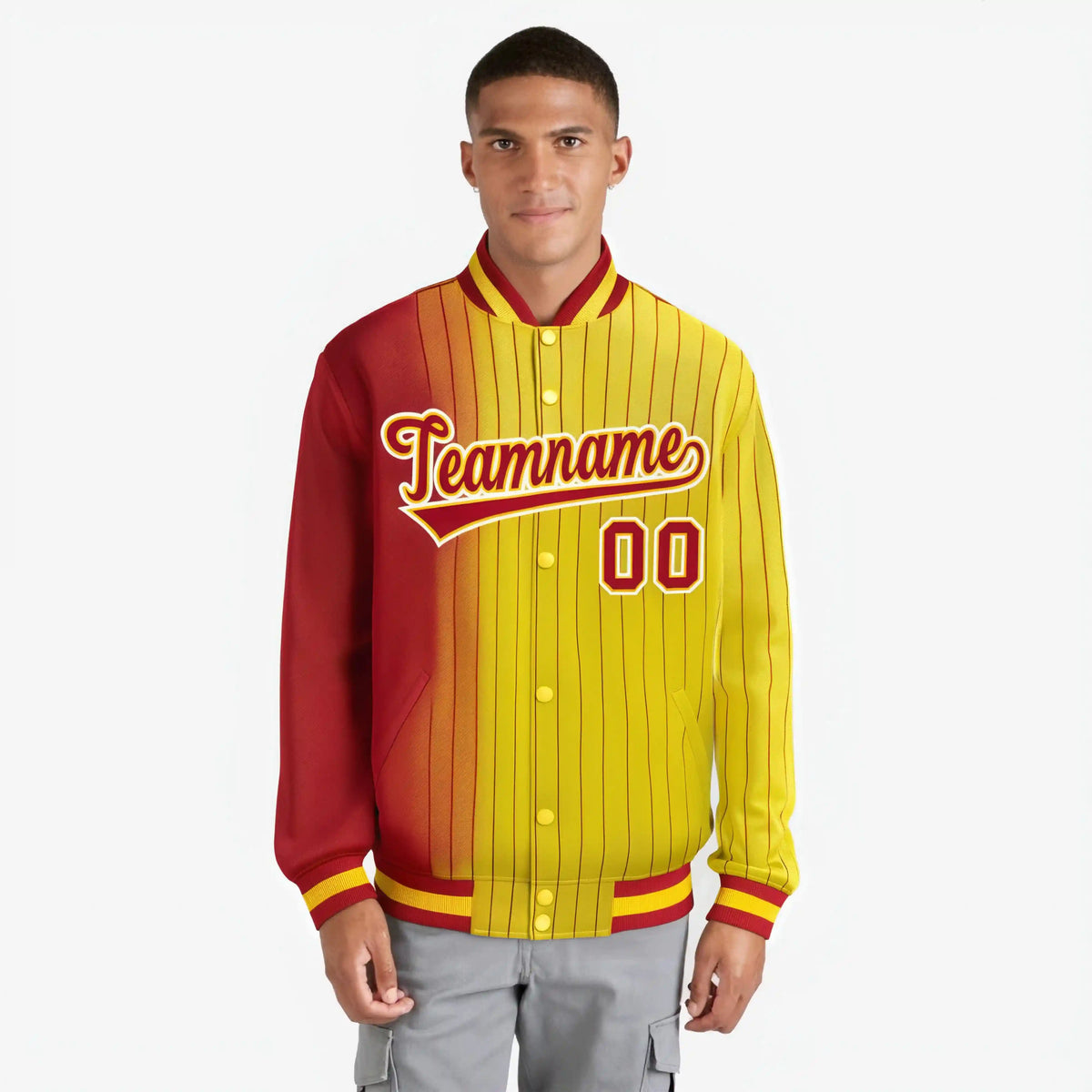 Custom Gold Red Pinstripe White-Red Gradient Fashion Varsity Full-Snap Jacket