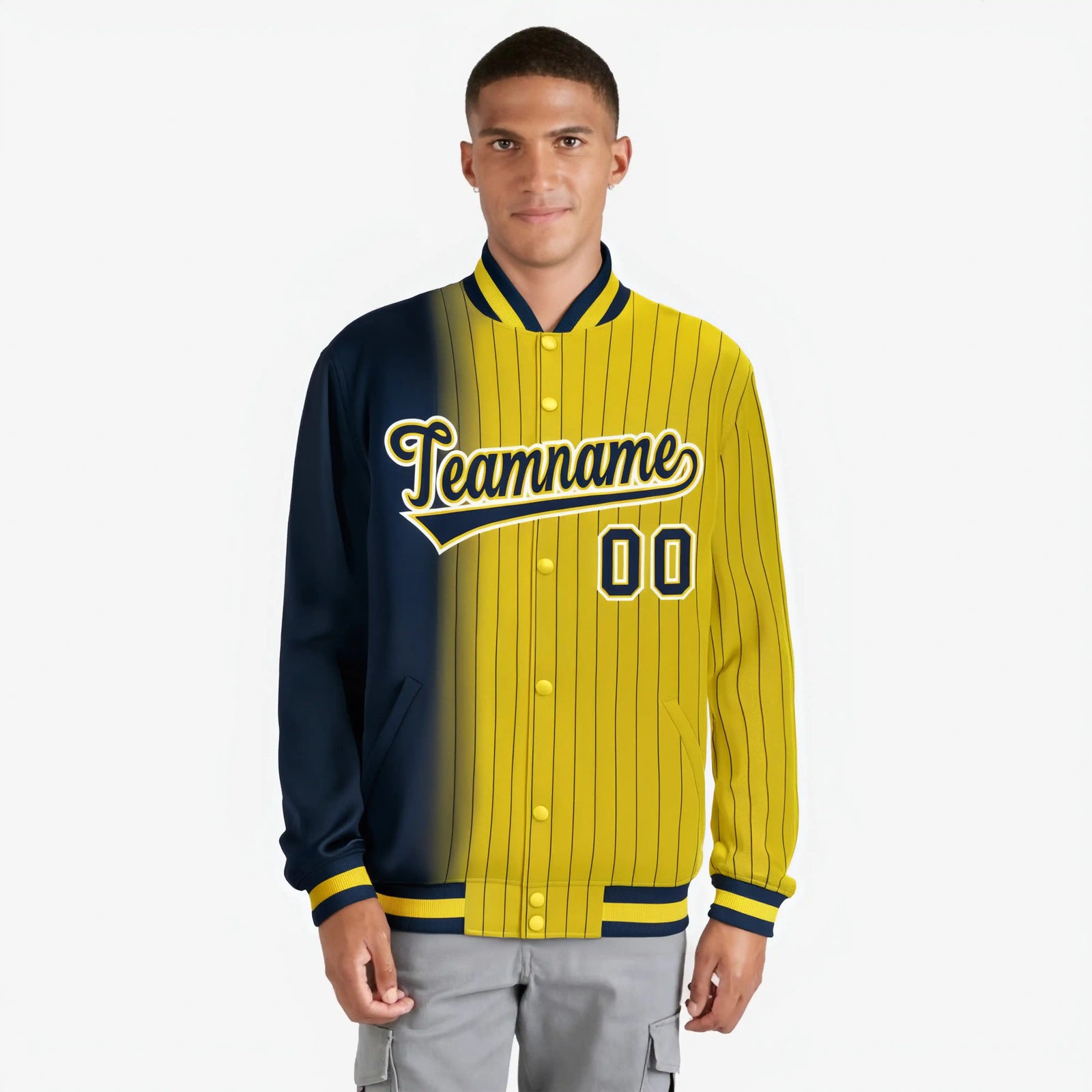 Custom Gold Navy Pinstripe White-Navy Gradient Fashion Varsity Full-Snap Jacket