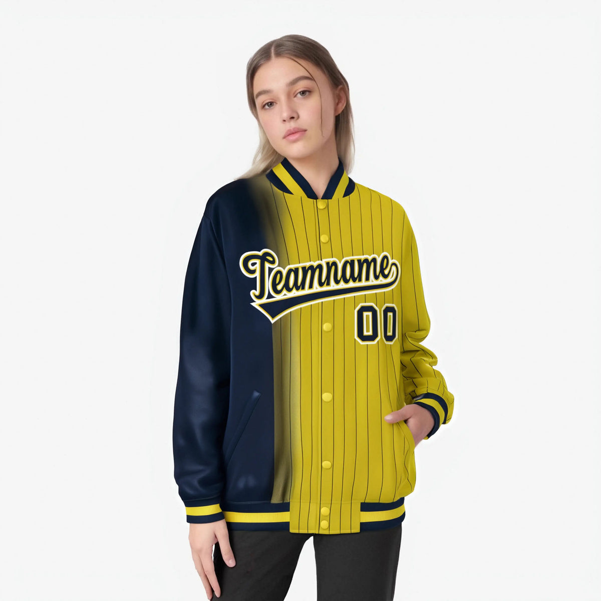 Custom Gold Navy Pinstripe White-Navy Gradient Fashion Varsity Full-Snap Jacket