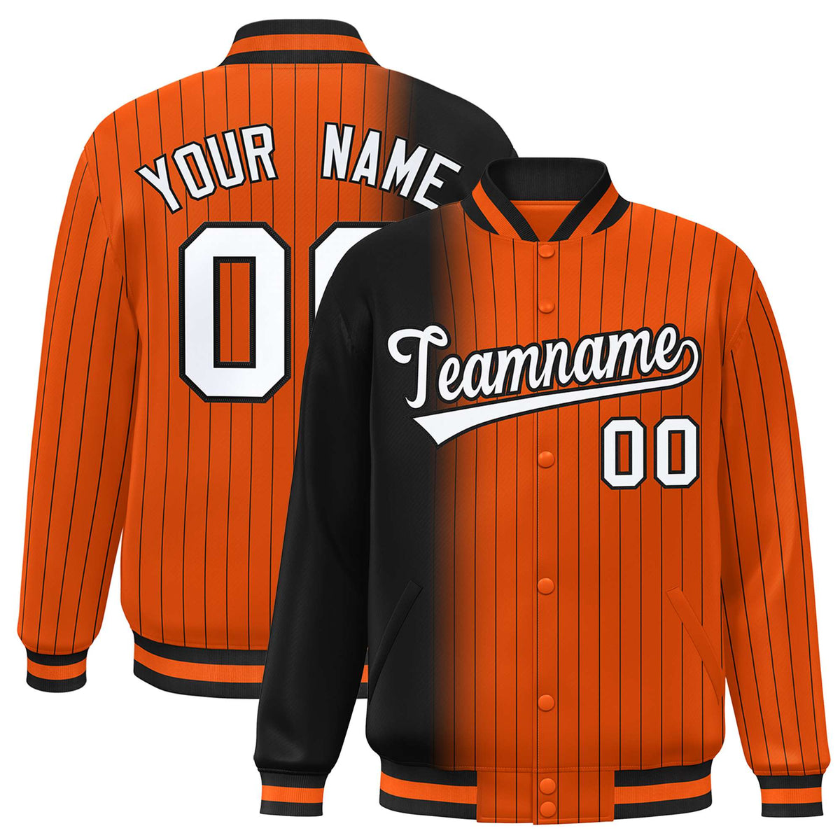 Custom Orange Black Pinstripe White-Black Gradient Fashion Varsity Full-Snap Jacket