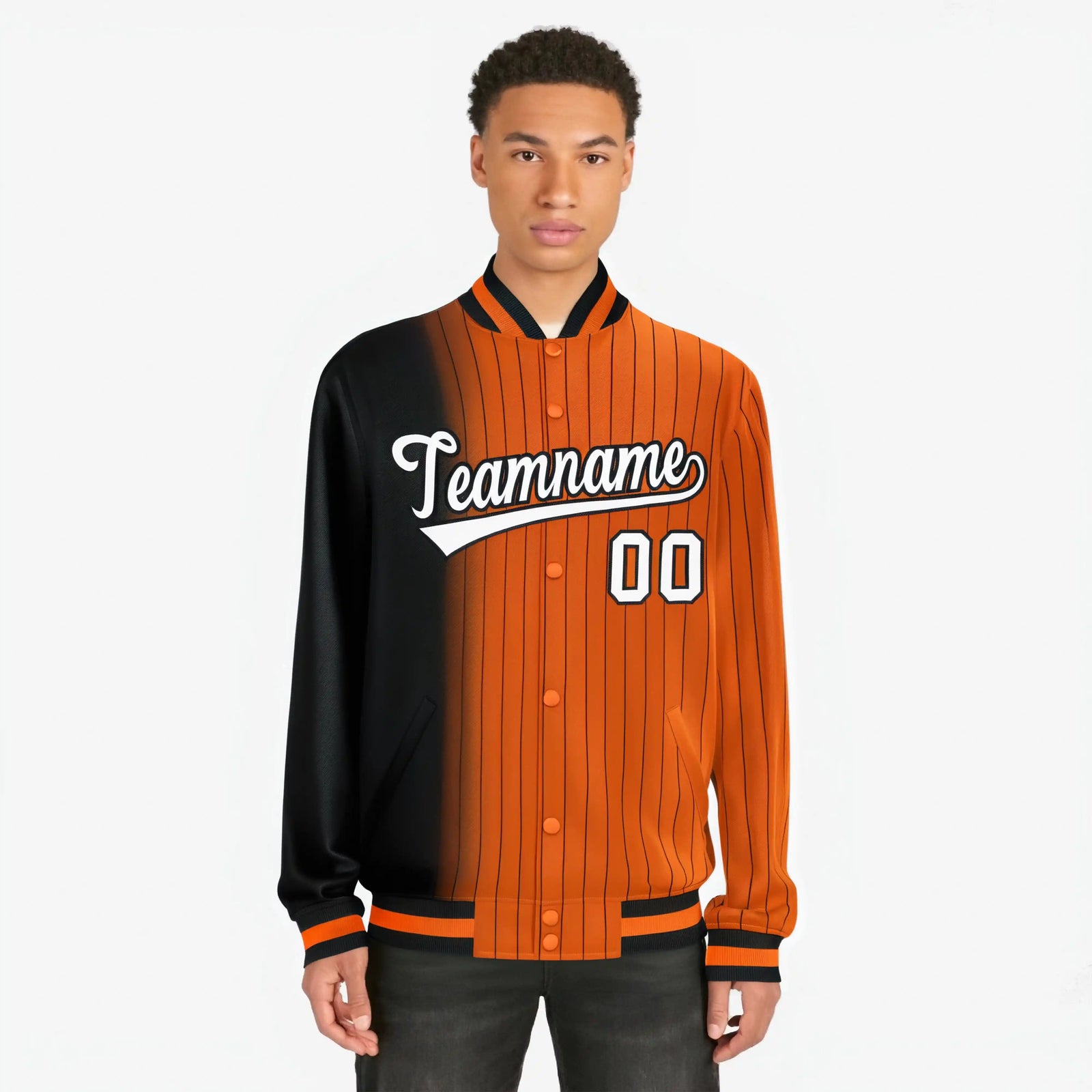 Custom Orange Black Pinstripe White-Black Gradient Fashion Varsity Full-Snap Jacket