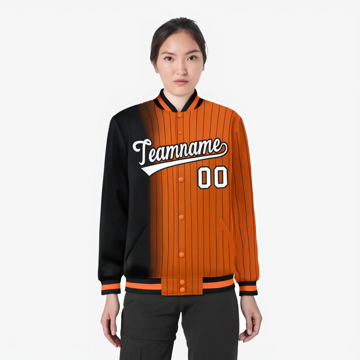 Custom Orange Black Pinstripe White-Black Gradient Fashion Varsity Full-Snap Jacket