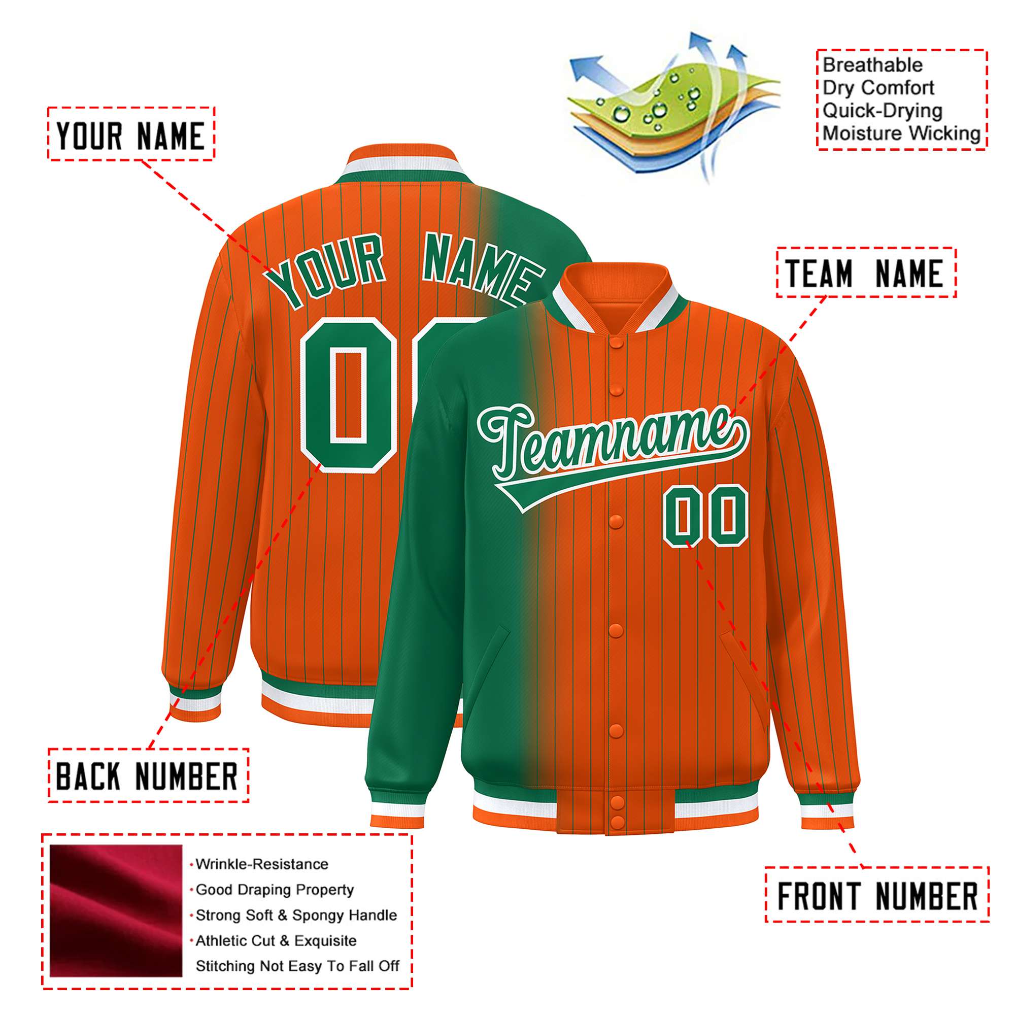 Custom Orange Kelly Green Pinstripe White-Kelly Green Gradient Fashion Varsity Full-Snap Jacket