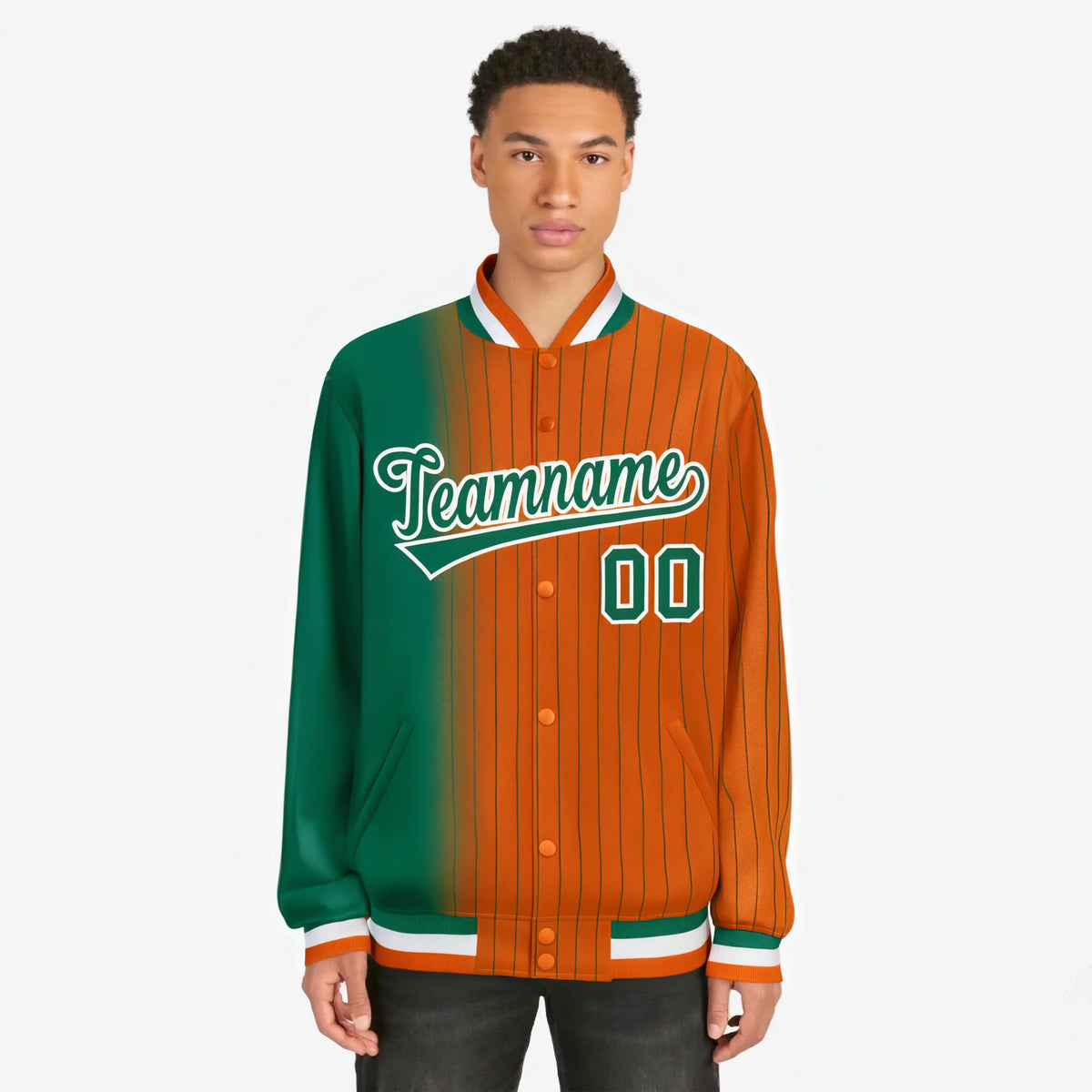 Custom Orange Kelly Green Pinstripe White-Kelly Green Gradient Fashion Varsity Full-Snap Jacket