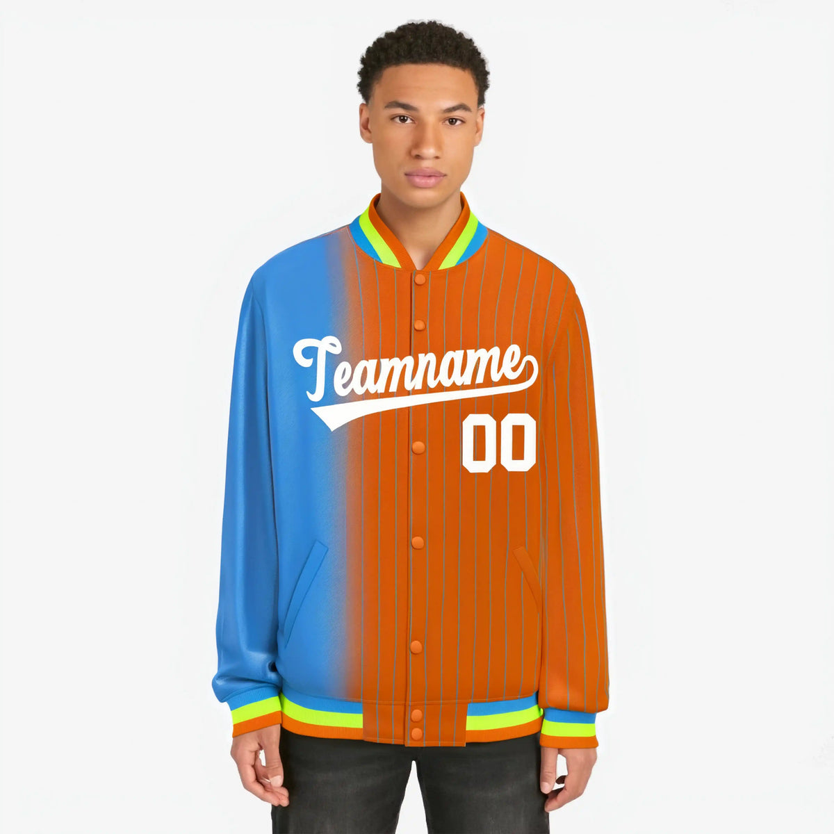 Custom Orange Powder Blue Pinstripe White-Powder Blue Gradient Fashion Varsity Full-Snap Jacket