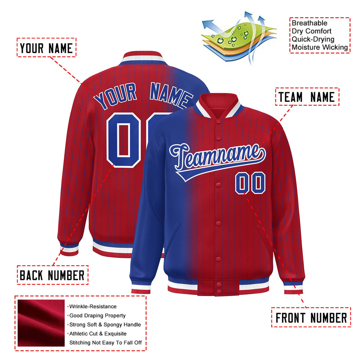 Custom Red Royal Blue Pinstripe White-Royal Blue Gradient Fashion Varsity Full-Snap Jacket