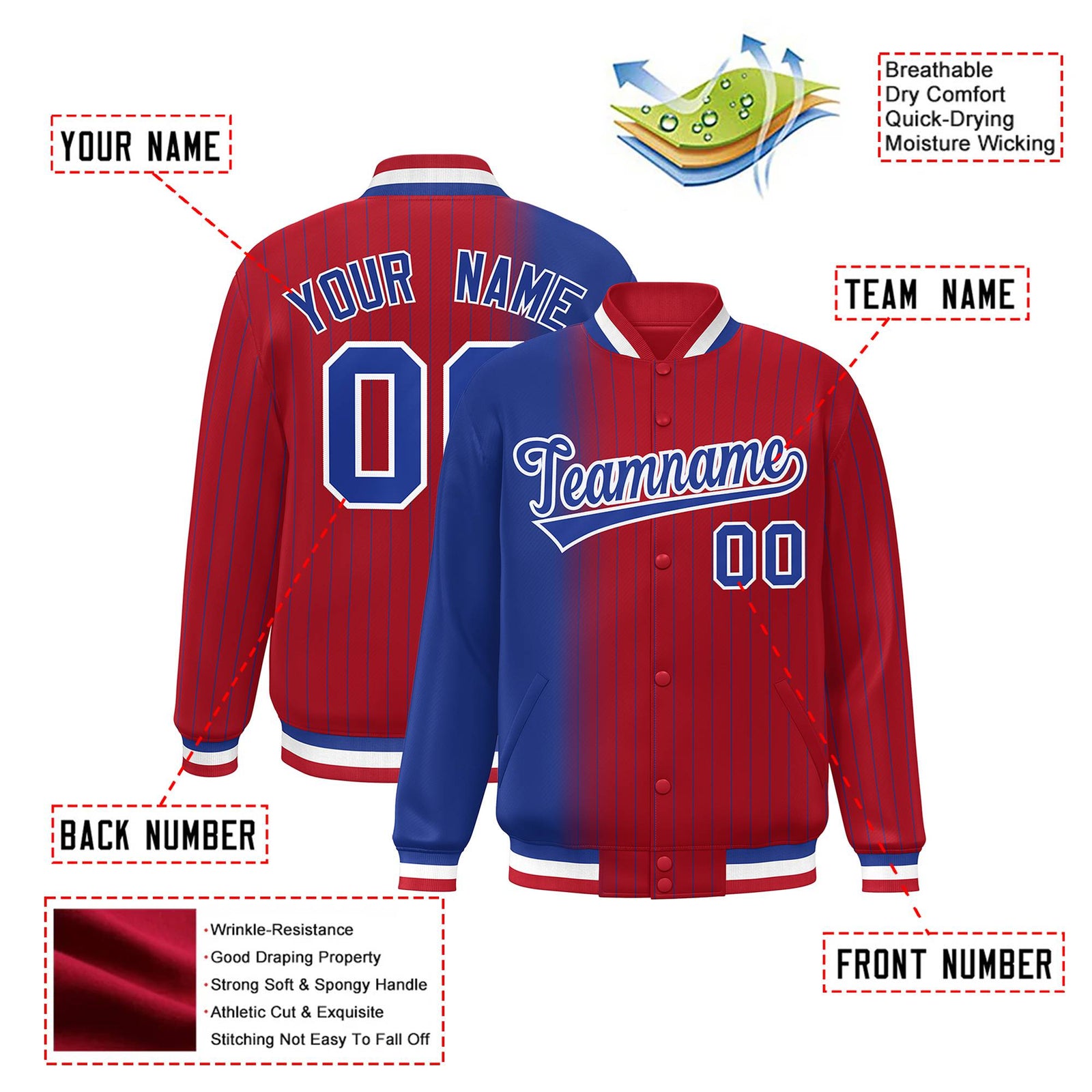Custom Red Royal Blue Pinstripe White-Royal Blue Gradient Fashion Varsity Full-Snap Jacket