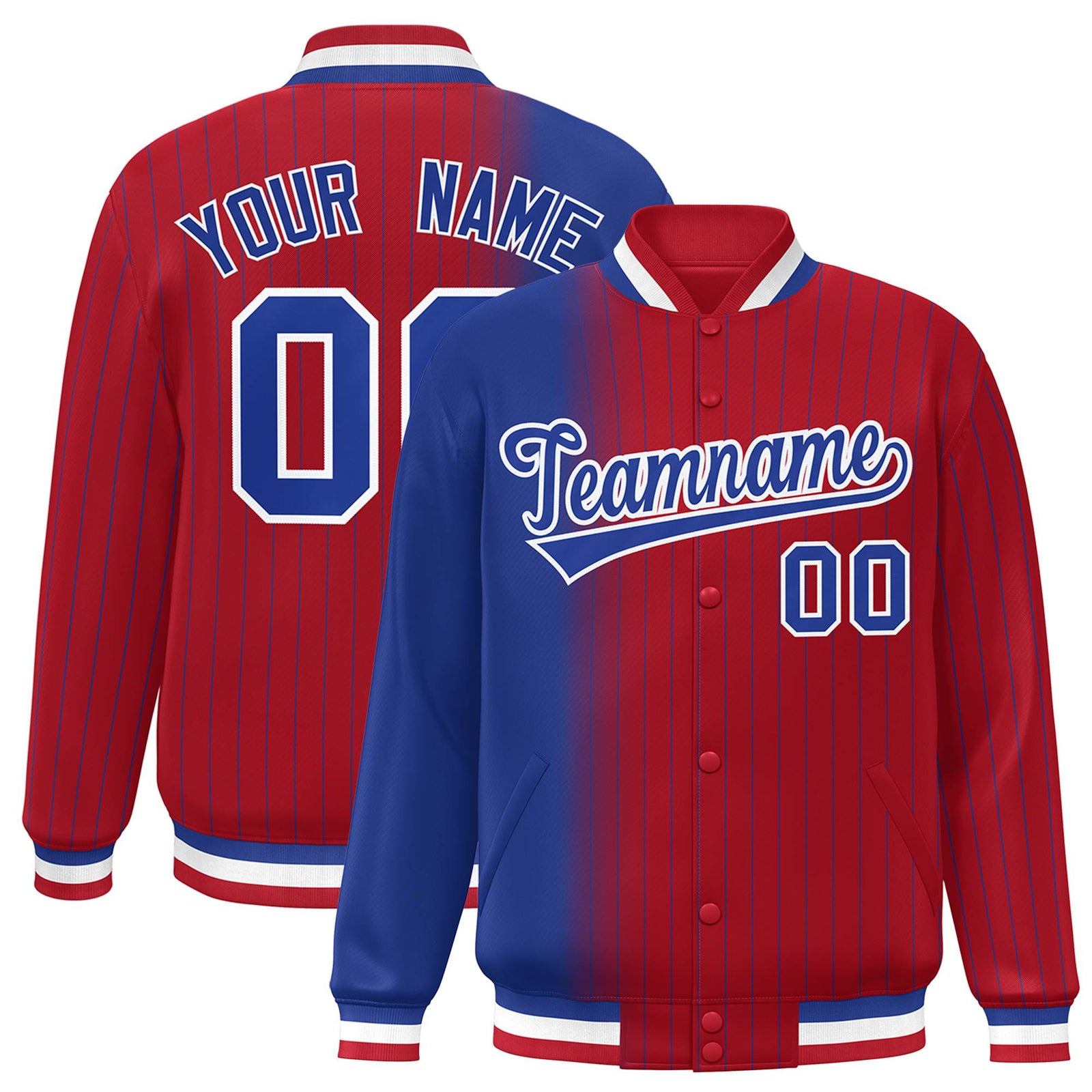 Custom Red Royal Blue Pinstripe White-Royal Blue Gradient Fashion Varsity Full-Snap Jacket