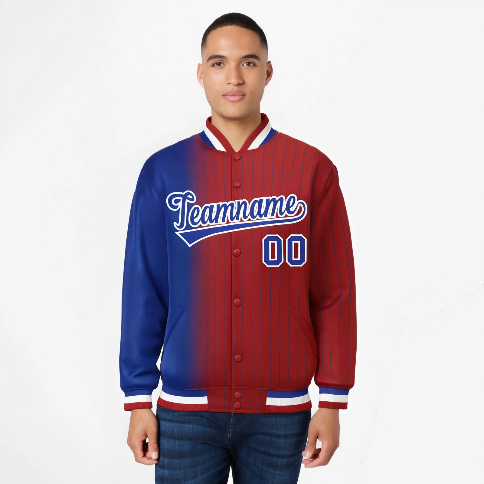 Custom Red Royal Blue Pinstripe White-Royal Blue Gradient Fashion Varsity Full-Snap Jacket