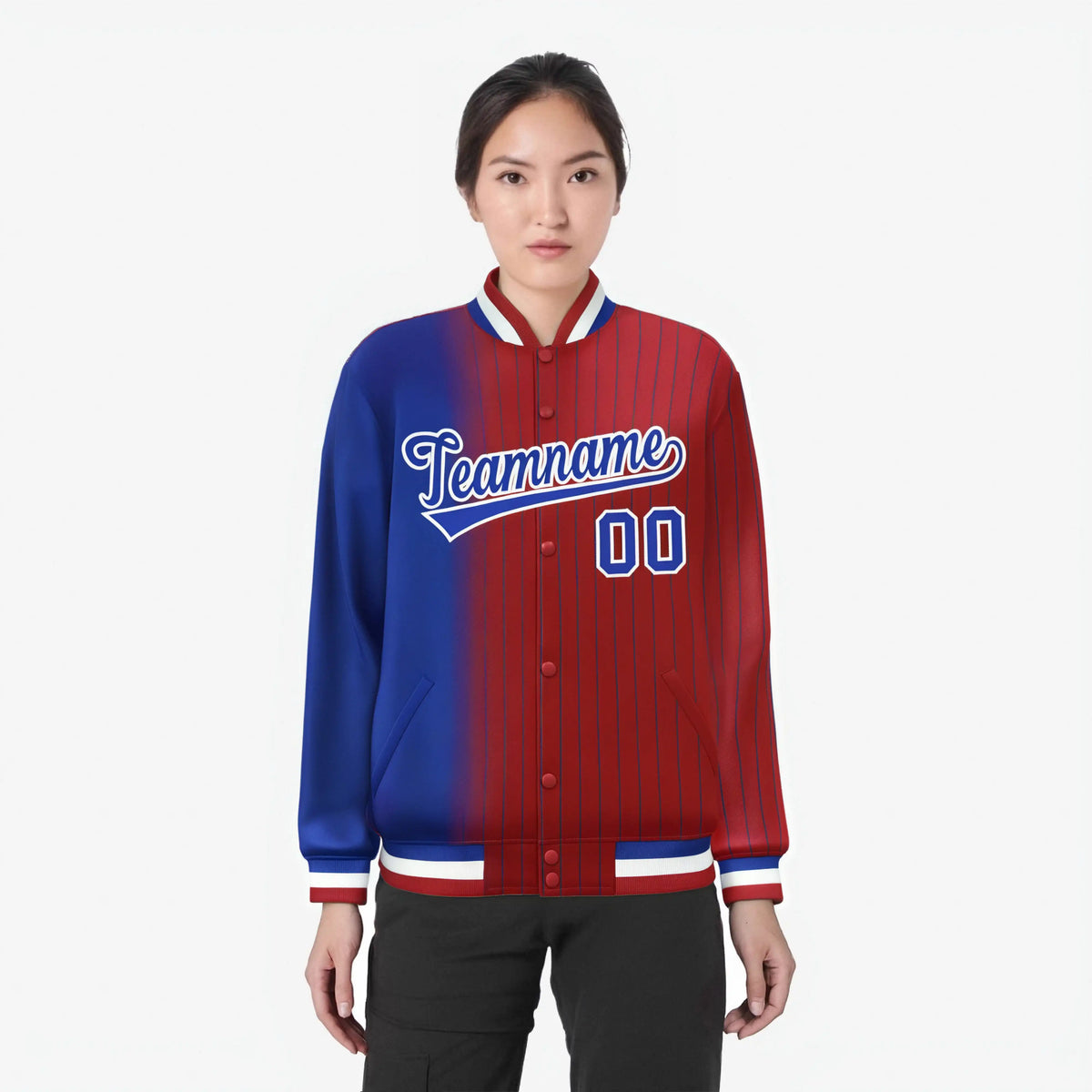 Custom Red Royal Blue Pinstripe White-Royal Blue Gradient Fashion Varsity Full-Snap Jacket
