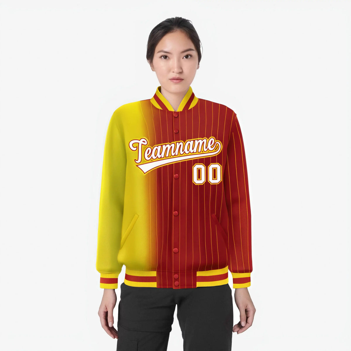 Custom Red Gold Pinstripe White-Gold Gradient Fashion Varsity Full-Snap Jacket