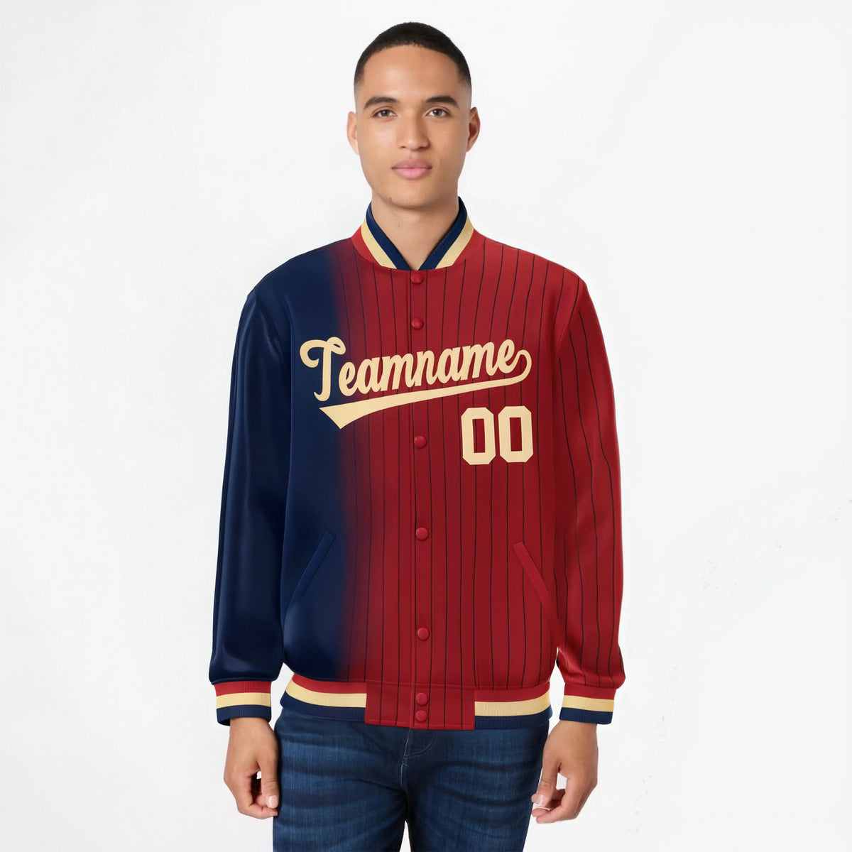Custom Red Navy Pinstripe Old Gold-Navy Gradient Fashion Varsity Full-Snap Jacket
