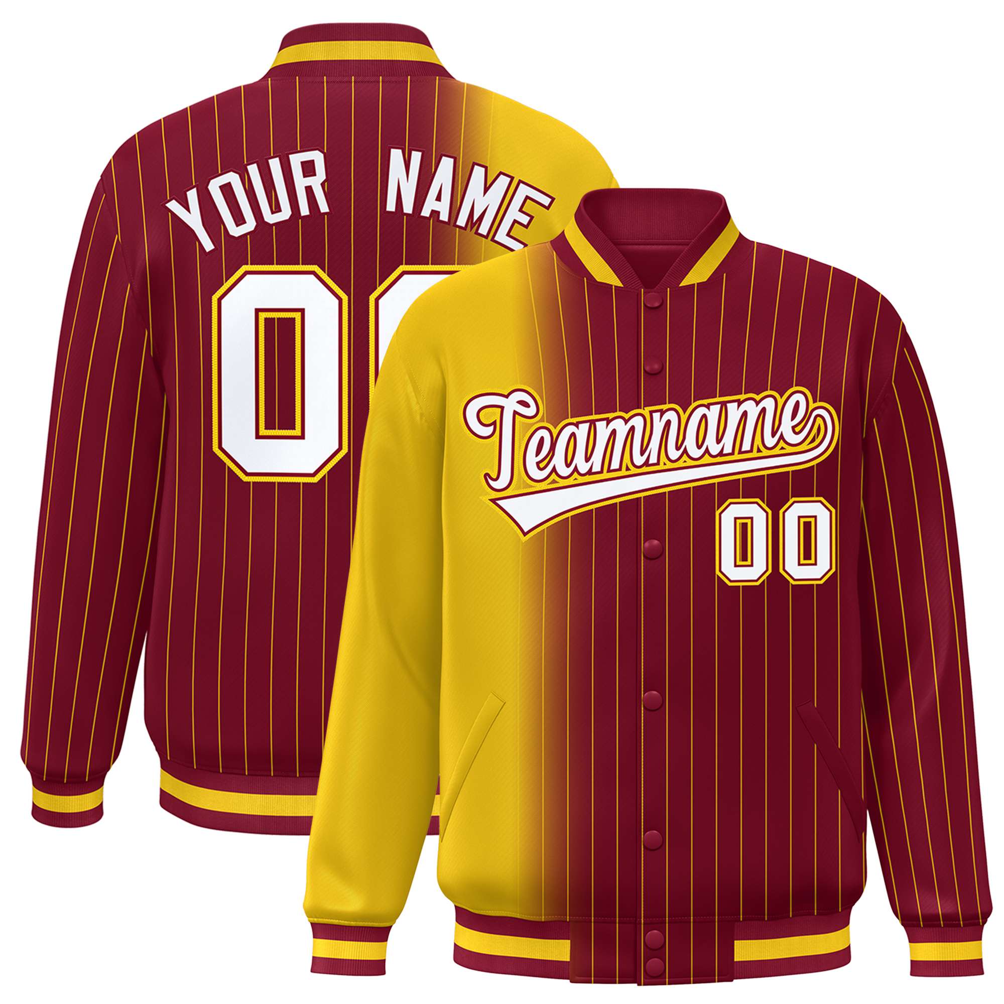 Custom Crimson Gold Pinstripe White-Gold Gradient Fashion Varsity Full-Snap Jacket