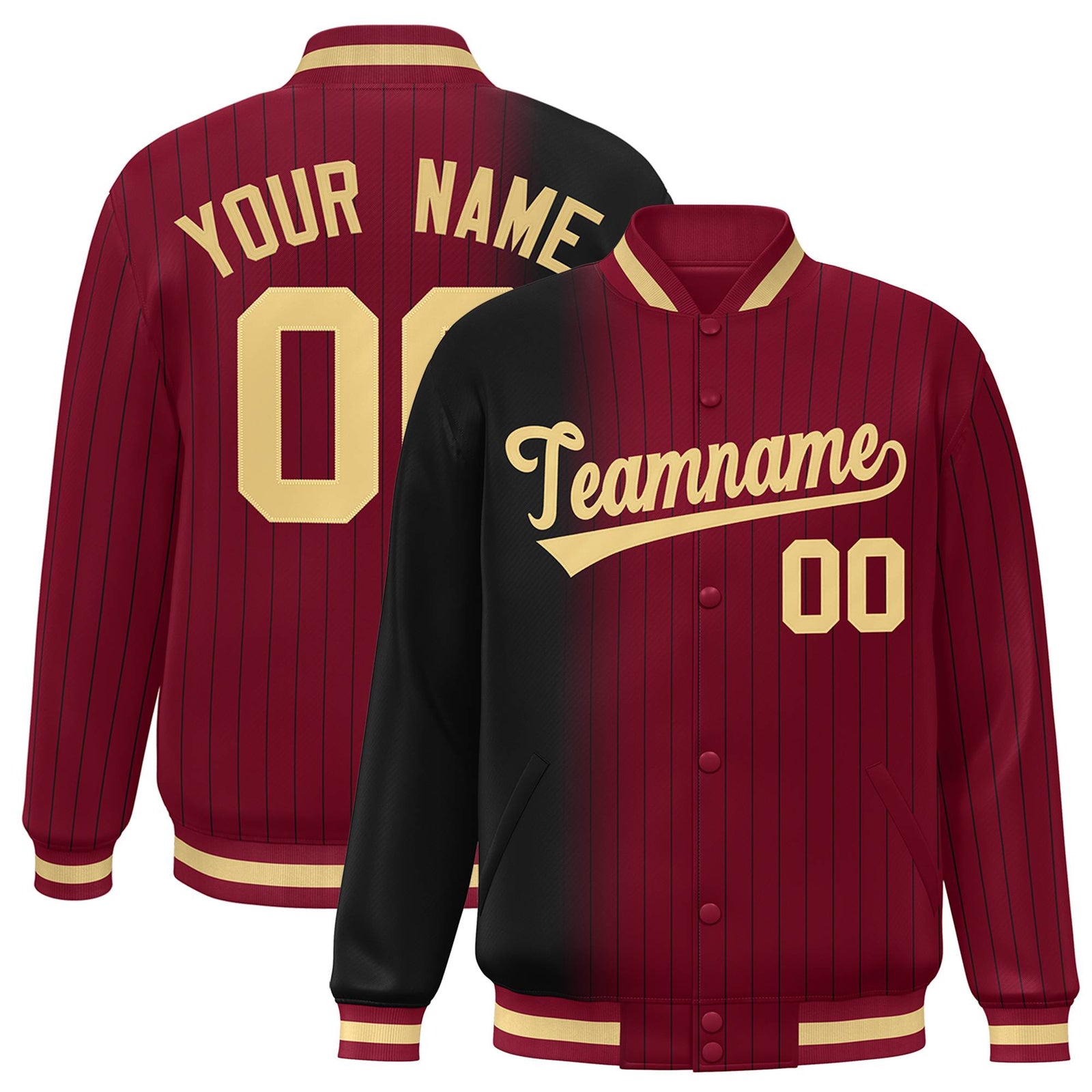 Custom Crimson Black Pinstripe Old Gold-Black Gradient Fashion Varsity Full-Snap Jacket