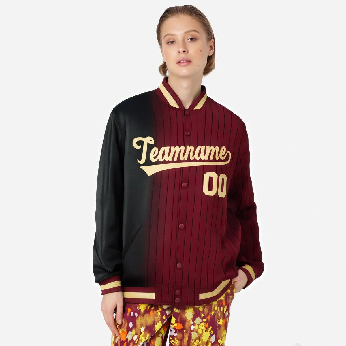 Custom Crimson Black Pinstripe Old Gold-Black Gradient Fashion Varsity Full-Snap Jacket