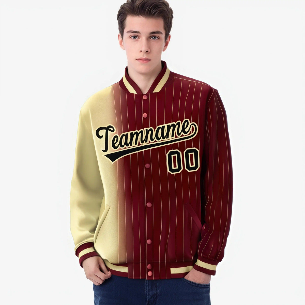 Custom Crimson Khaki Pinstripe Black-Khaki Gradient Fashion Varsity Full-Snap Jacket