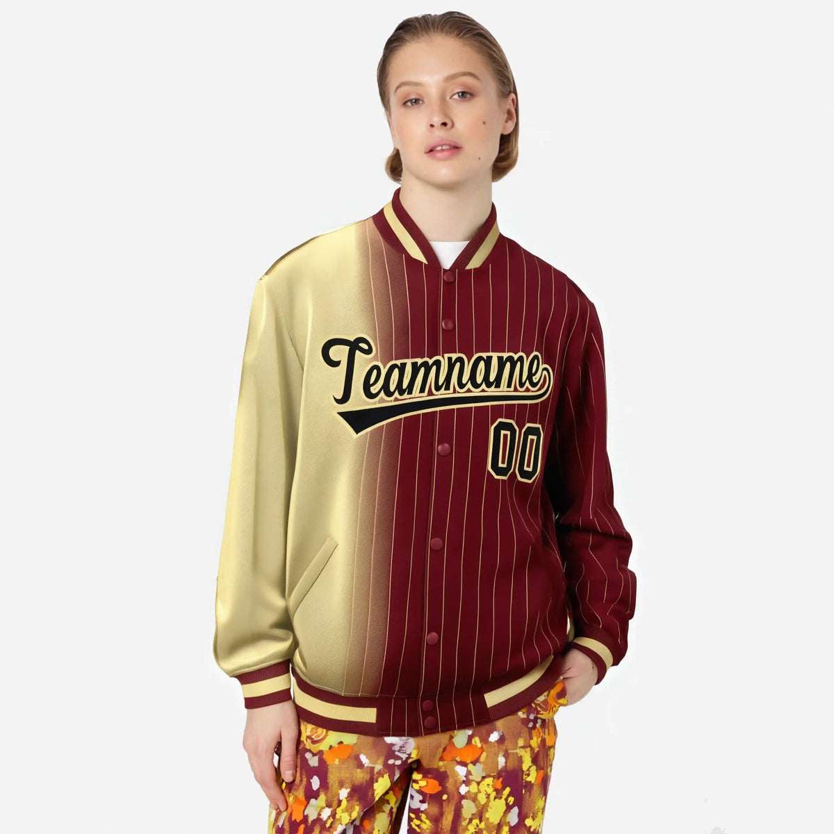 Custom Crimson Khaki Pinstripe Black-Khaki Gradient Fashion Varsity Full-Snap Jacket