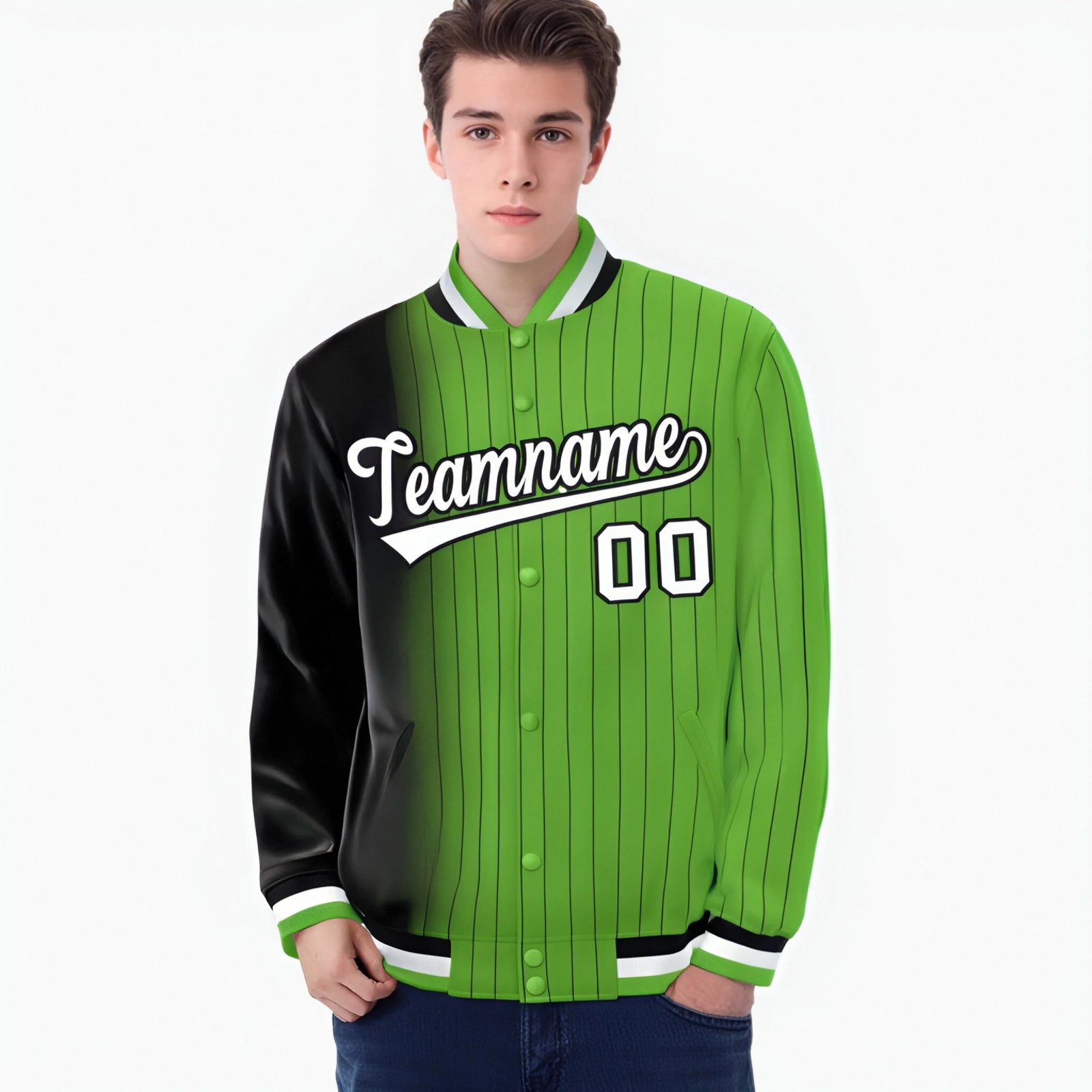 Custom Neon Green Black Pinstripe White-Black Gradient Fashion Varsity Full-Snap Jacket