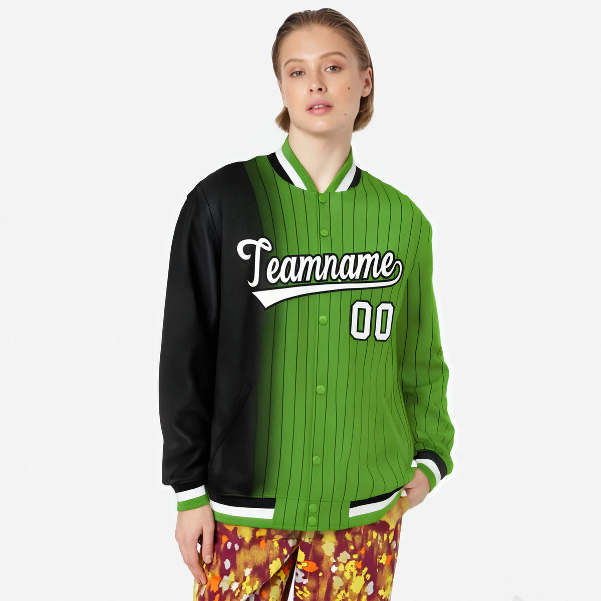 Custom Neon Green Black Pinstripe White-Black Gradient Fashion Varsity Full-Snap Jacket